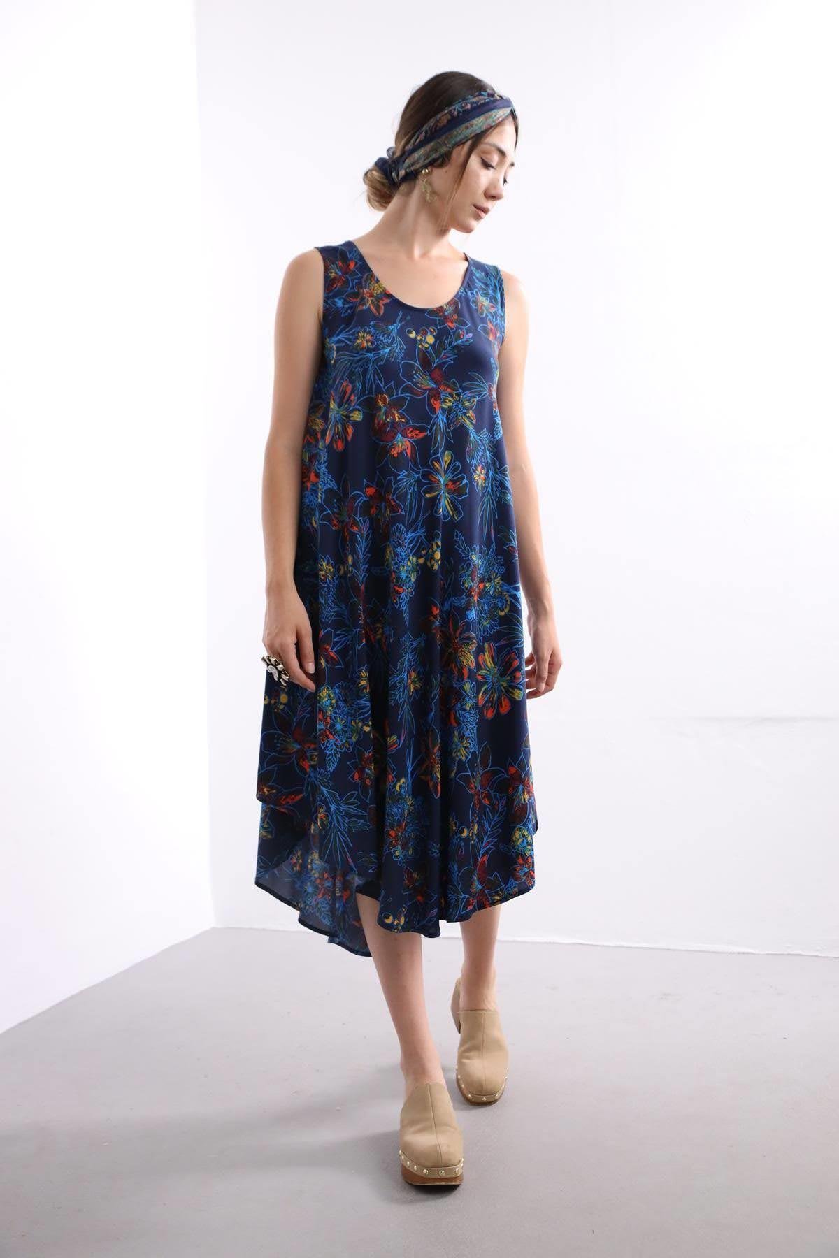  Navy Blue Patterned Boat Neck Sleeveless Dress