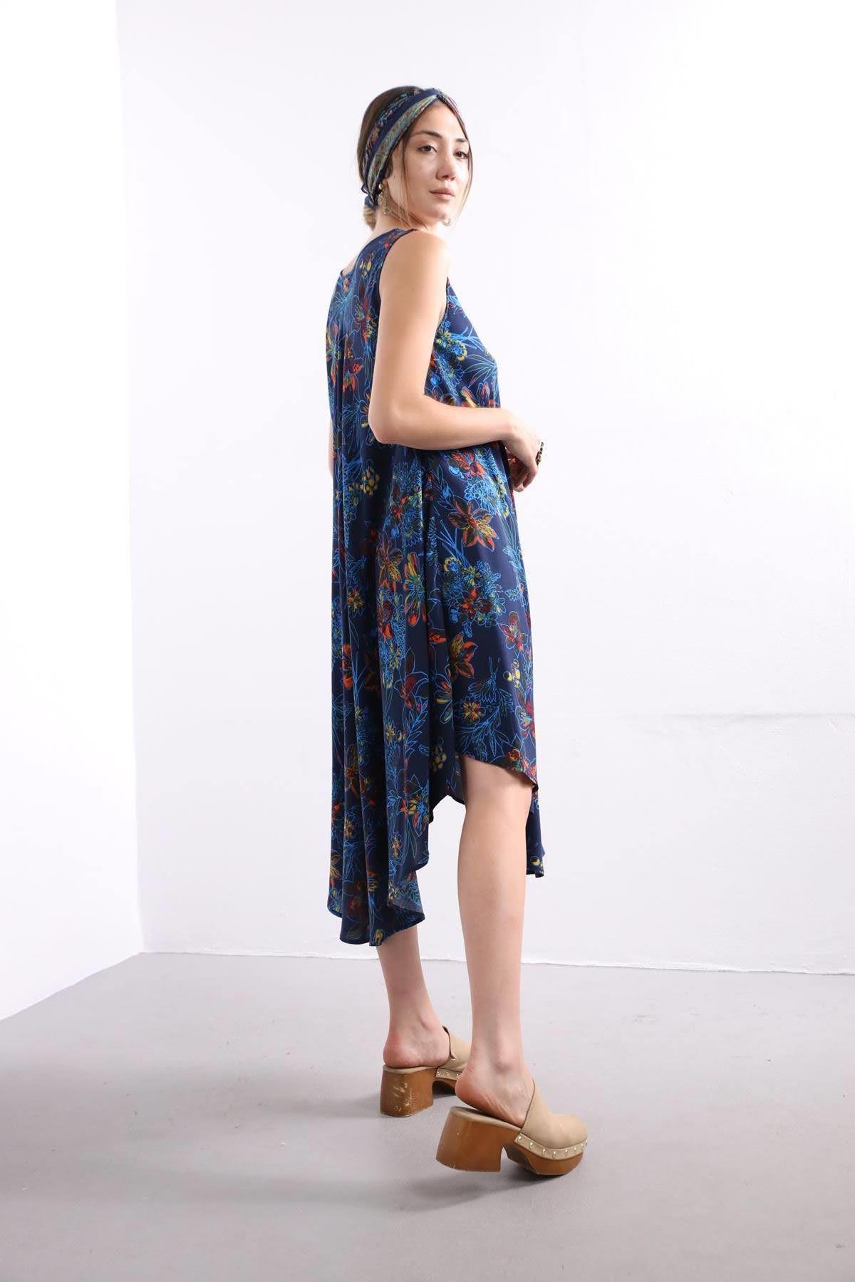  Navy Blue Patterned Boat Neck Sleeveless Dress