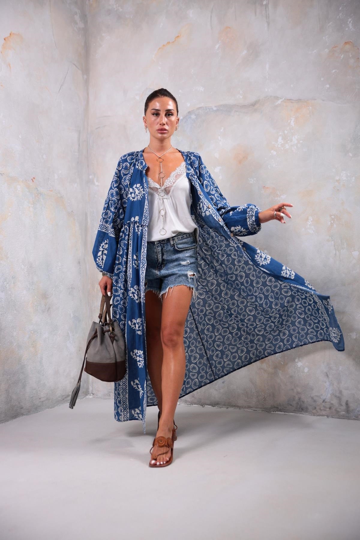 Lacivert Tay Desen Uzun Gömlek Elbise - Şaman Butik Lacivert Tay Desen Uzun Gömlek Elbise
