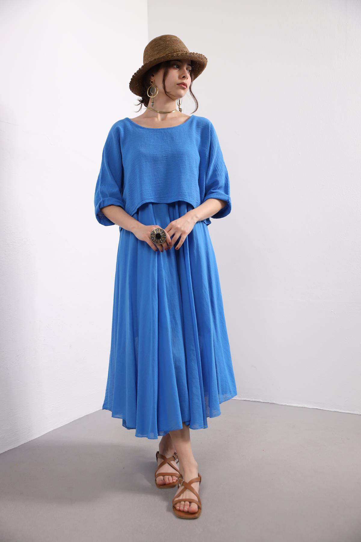 Mavi Askılı Bluz Detaylı Elbise - Şaman Butik Mavi Askılı Bluz Detaylı Elbise