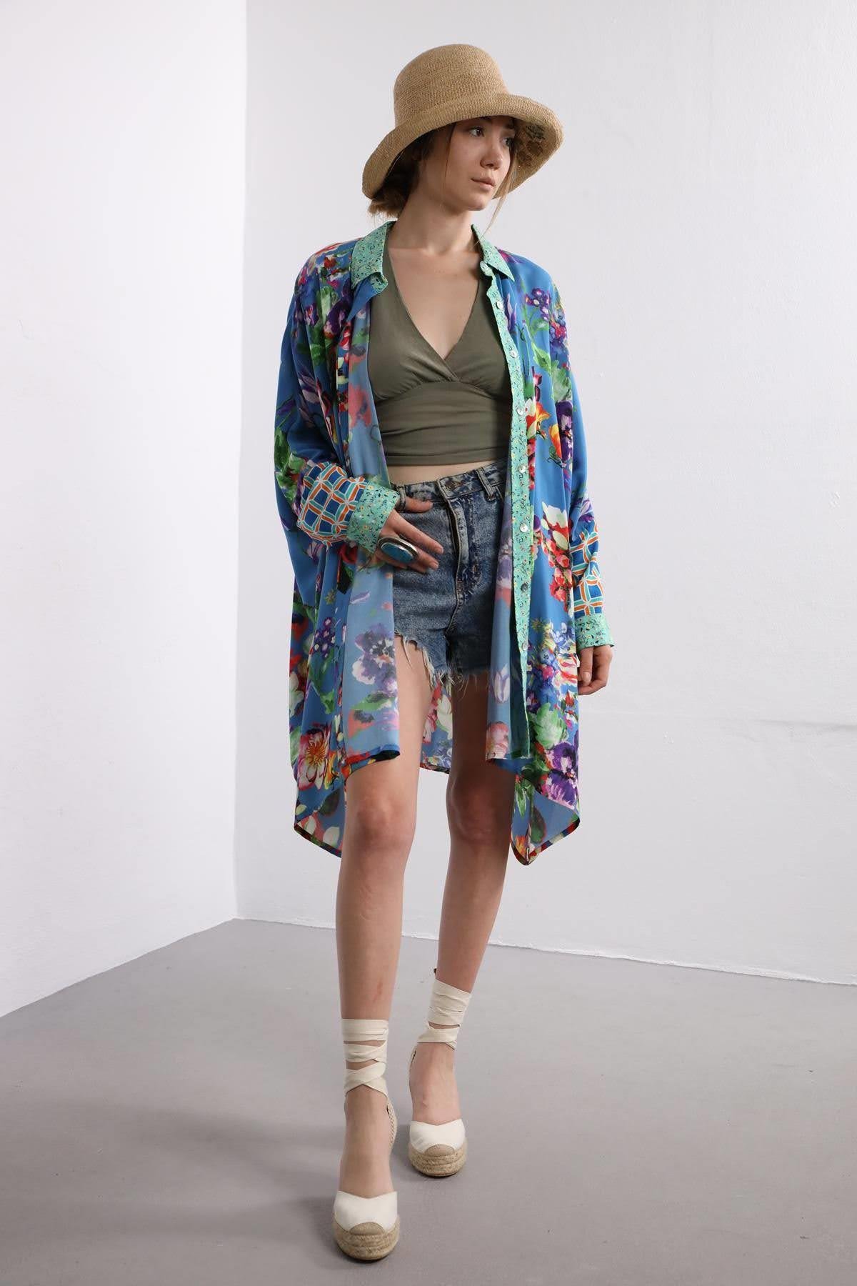 Mavi Desenli Oversize Yarasa Kol Elbise - Şaman Butik Mavi Desenli Oversize Yarasa Kol Elbise