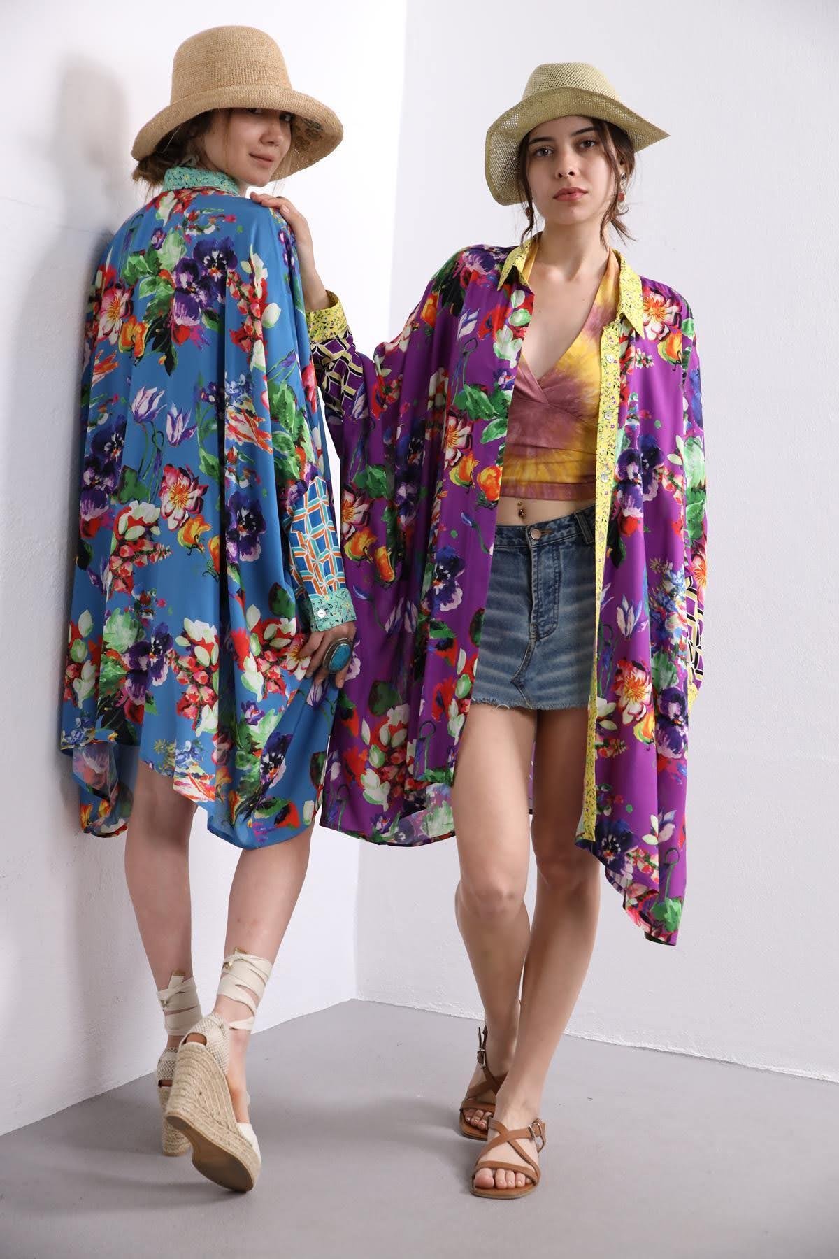 Mavi Desenli Oversize Yarasa Kol Elbise - Şaman Butik Mavi Desenli Oversize Yarasa Kol Elbise