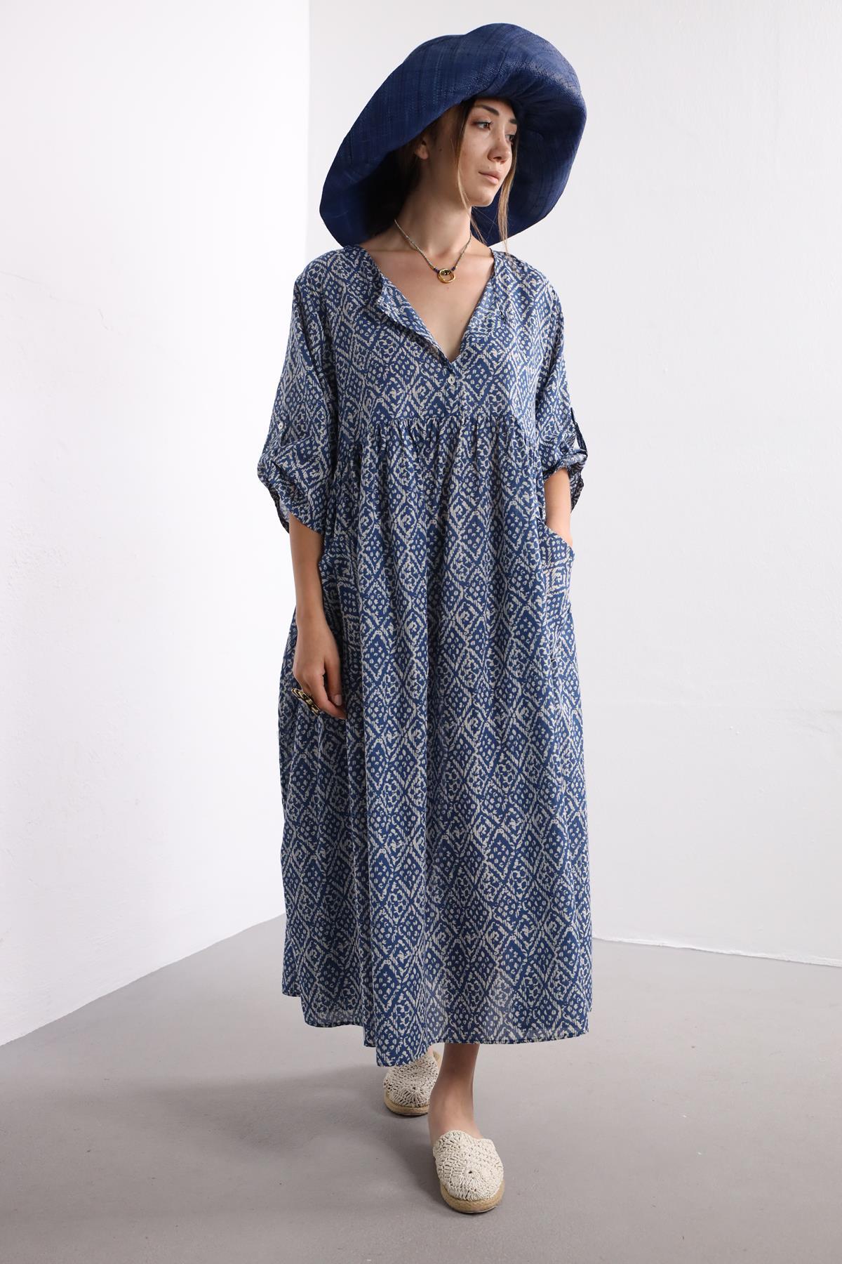Mavi Tribal Desen Bisiklet Yaka Cepli Elbise - Şaman Butik Mavi Tribal Desen Bisiklet Yaka Cepli Elbise