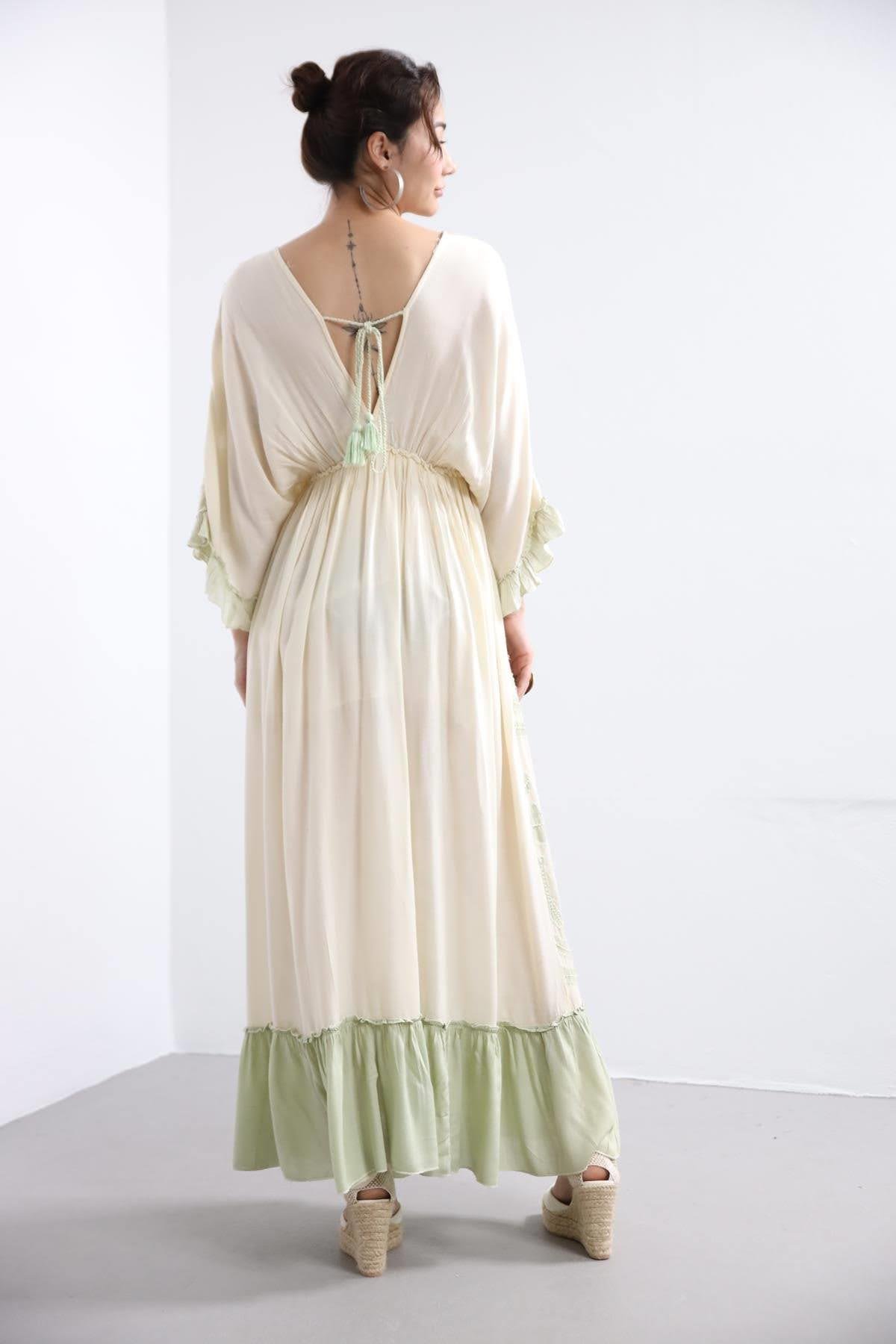 Mint Yeşili Boncuklu Kolları Fırfırlı Bohem Elbise - Şaman Butik Mint Yeşili Boncuklu Kolları Fırfırlı Bohem Elbise