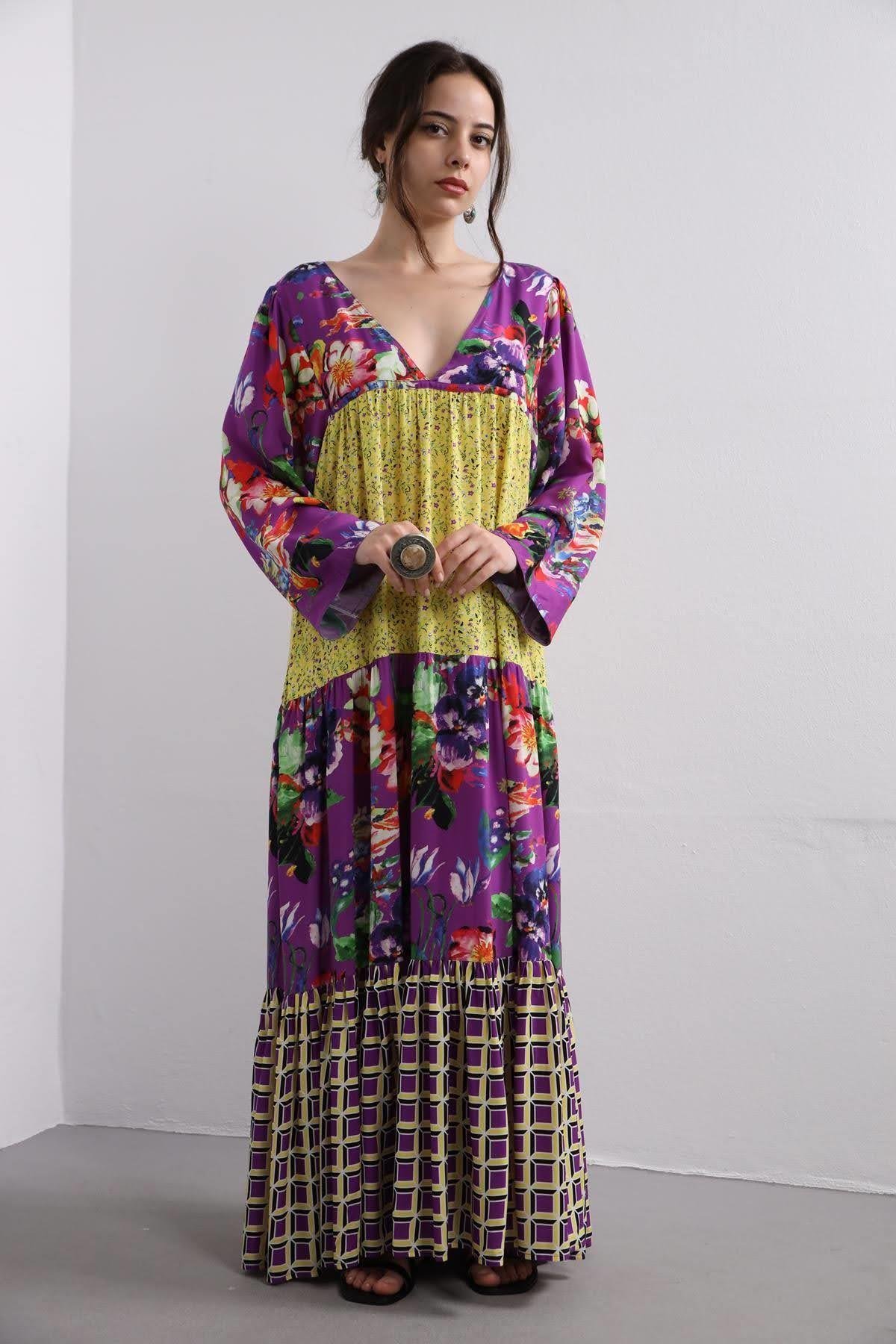 Mor Desenli V Yaka Elbise - Şaman Butik Mor Desenli V Yaka Elbise
