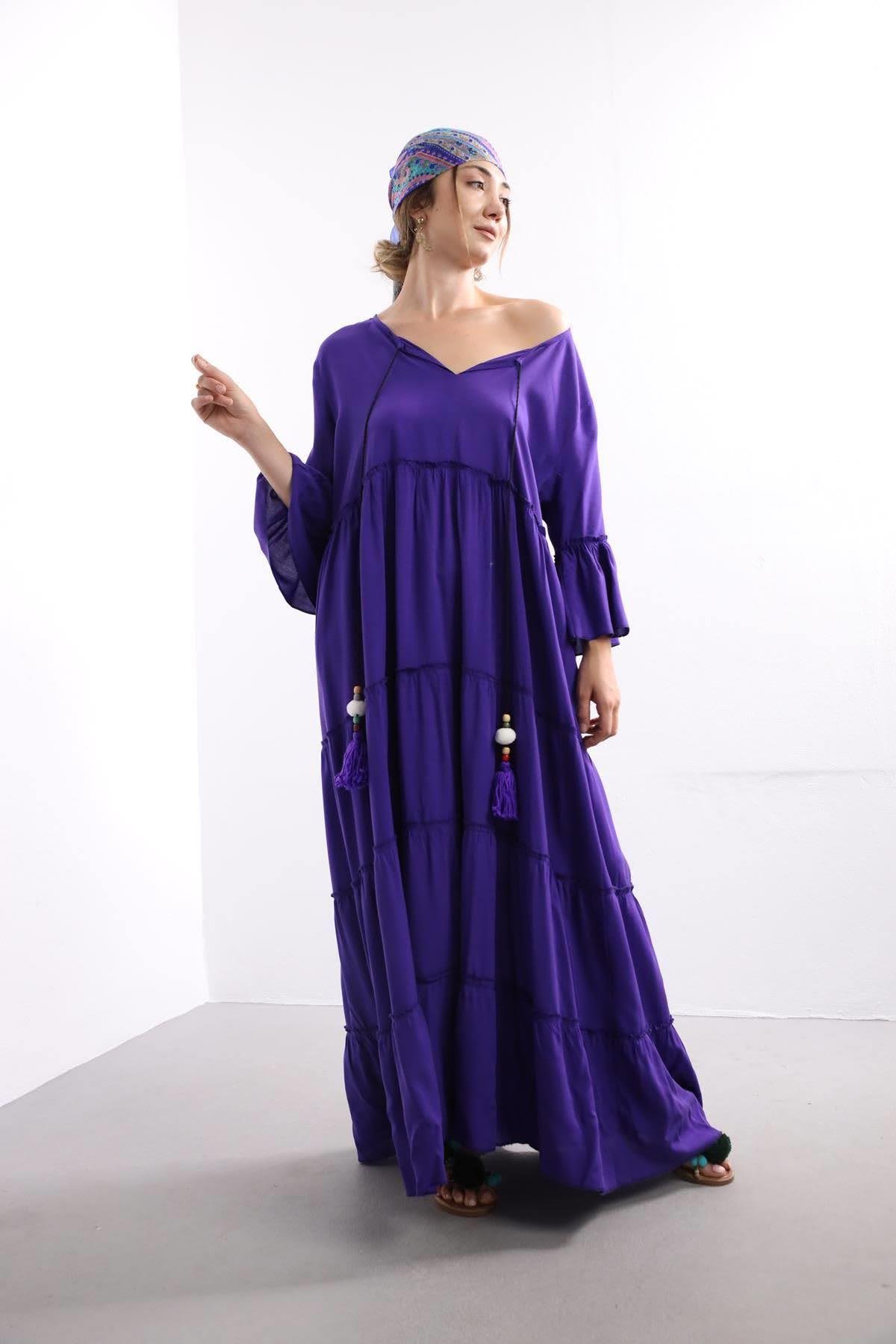  Purple Maxi Asiye Dress with Pompoms