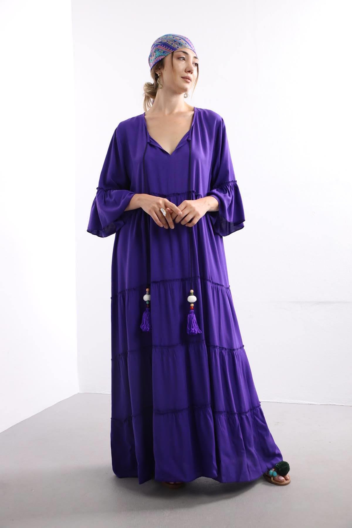  Purple Maxi Asiye Dress with Pompoms