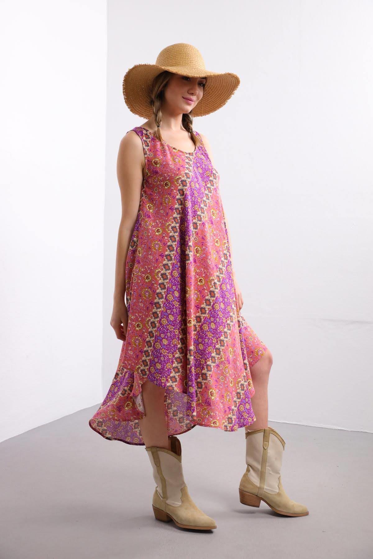 Saman Butik | Shop Online Pink and Purple Patterned Boat Neck Sleeveless Dress