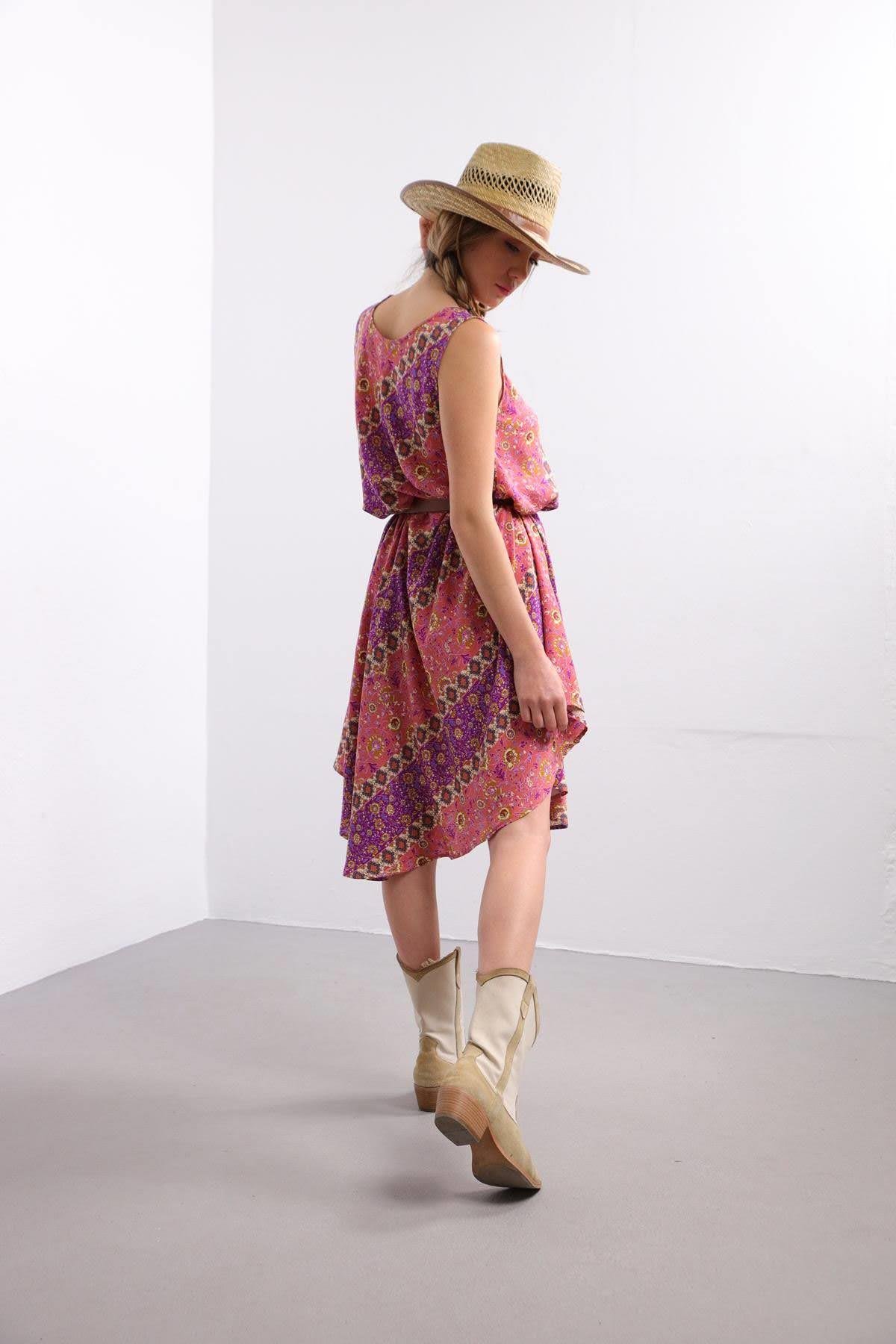 Saman Butik | Shop Online Pink and Purple Patterned Boat Neck Sleeveless Dress