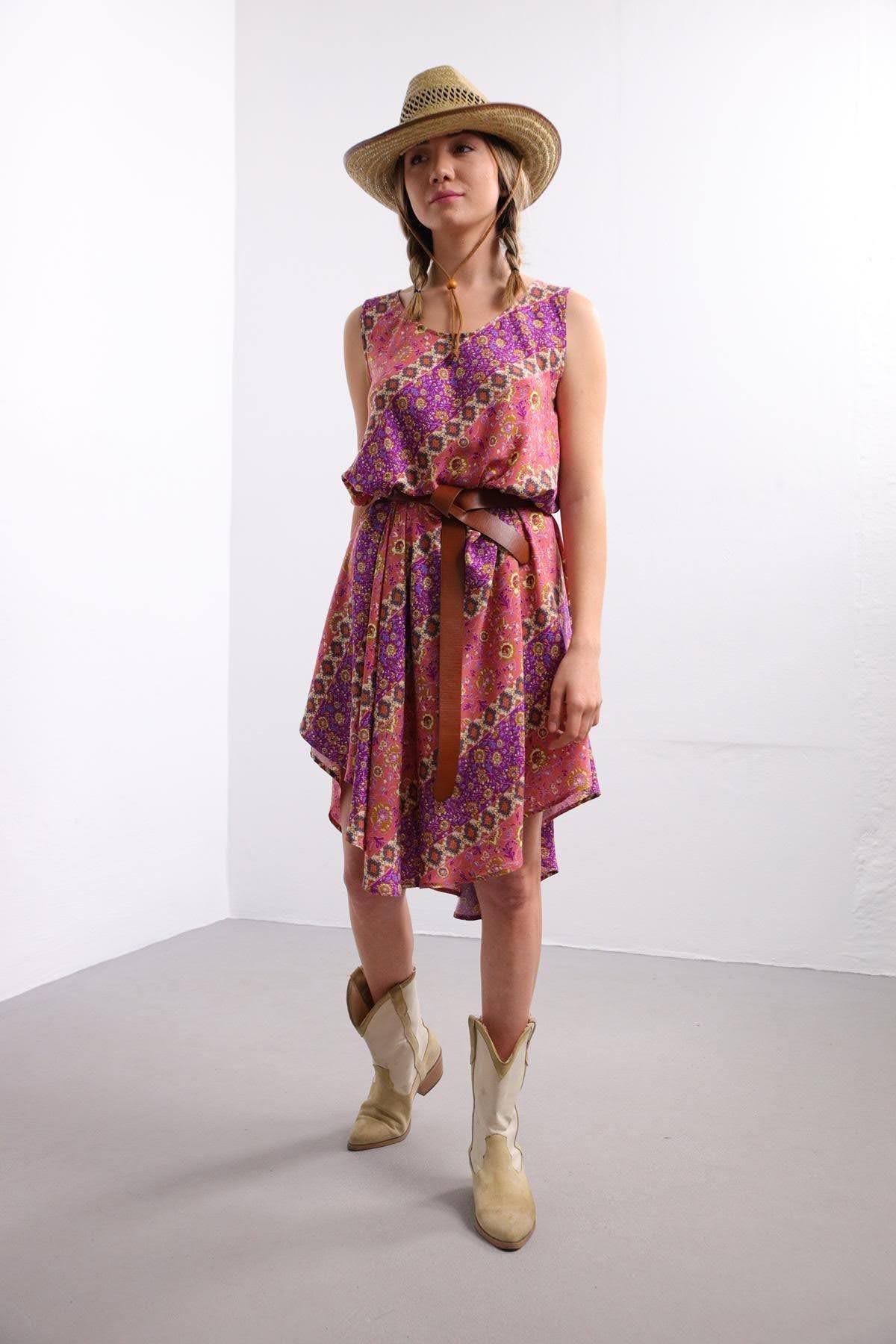Saman Butik | Shop Online Pink and Purple Patterned Boat Neck Sleeveless Dress