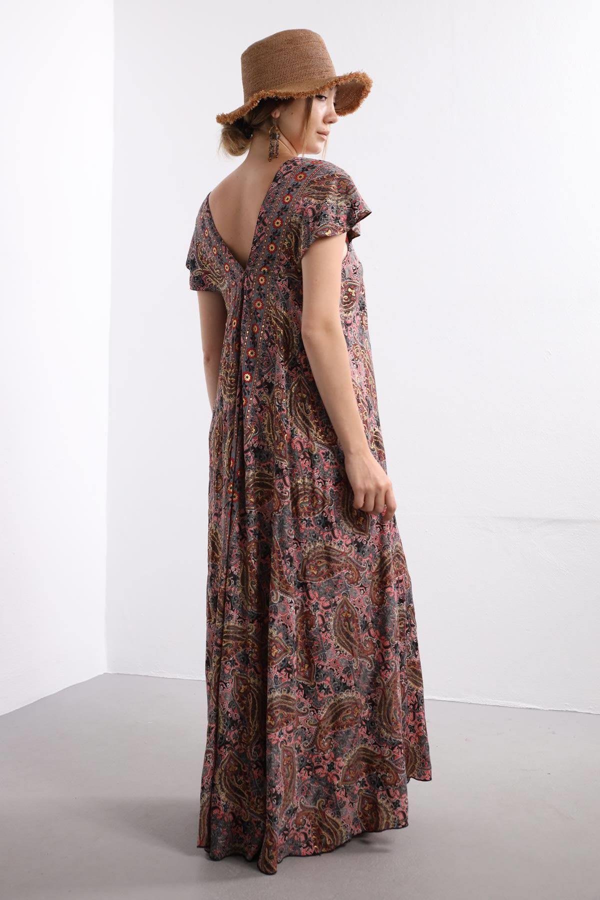 Pembe Etnik Desenli Kalın Askılı İpek Elbise - Şaman Butik Pembe Etnik Desenli Kalın Askılı İpek Elbise