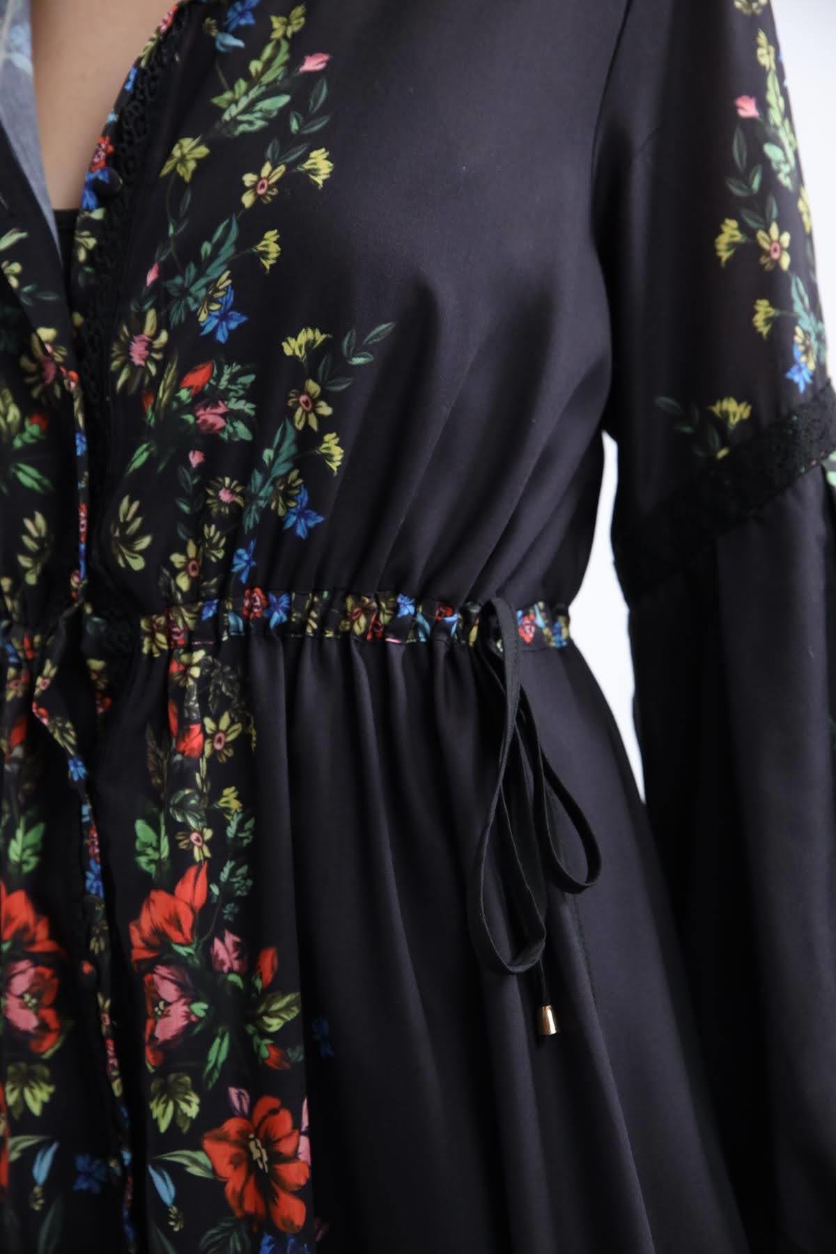Siyah Çiçekli Güpür Detaylı Tasarım Elbise - Şaman Butik Siyah Çiçekli Güpür Detaylı Tasarım Elbise