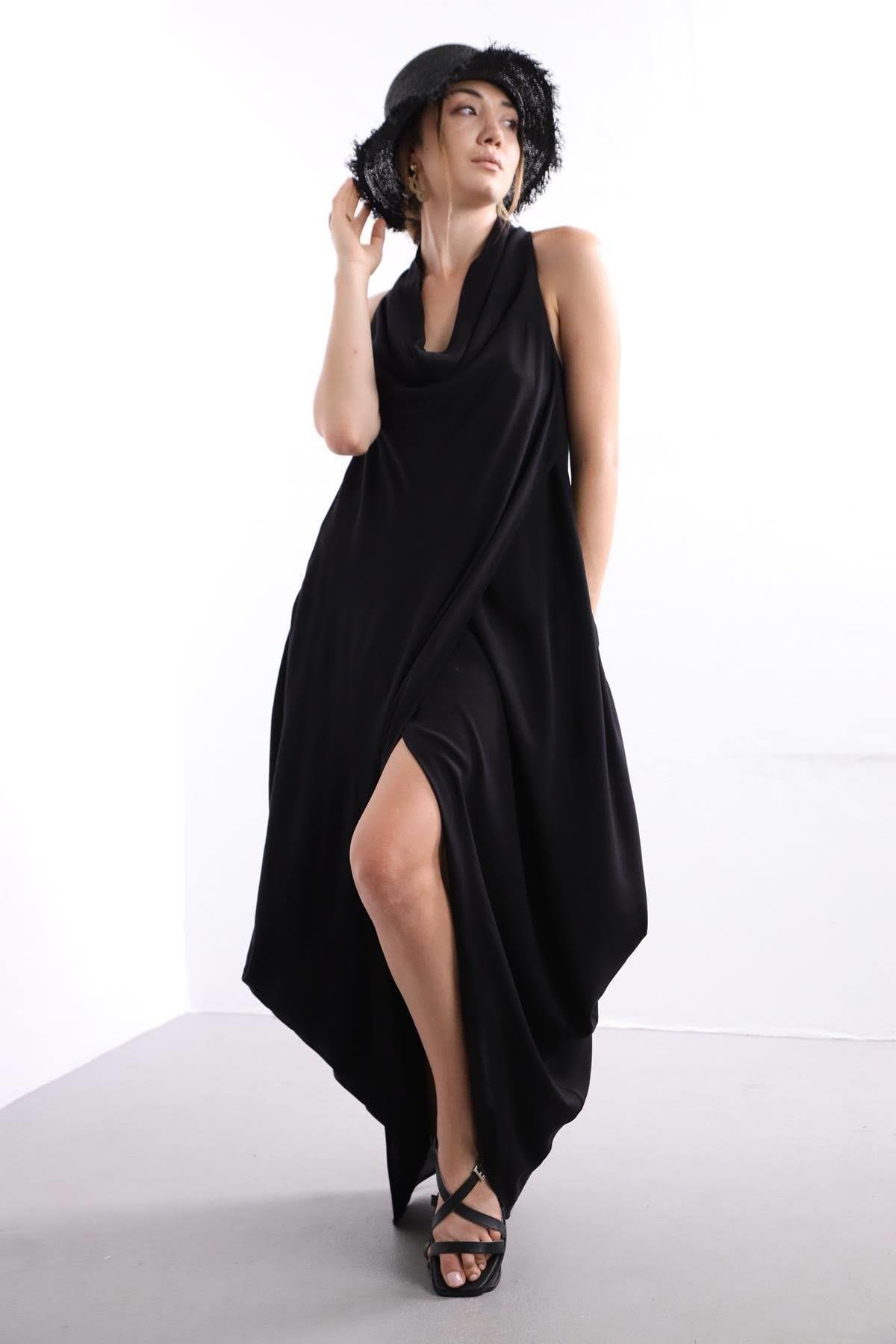 Black Cowl Neck Authentic Dress - Saman Butik | Shop Online Black Cowl Neck Authentic Dress
