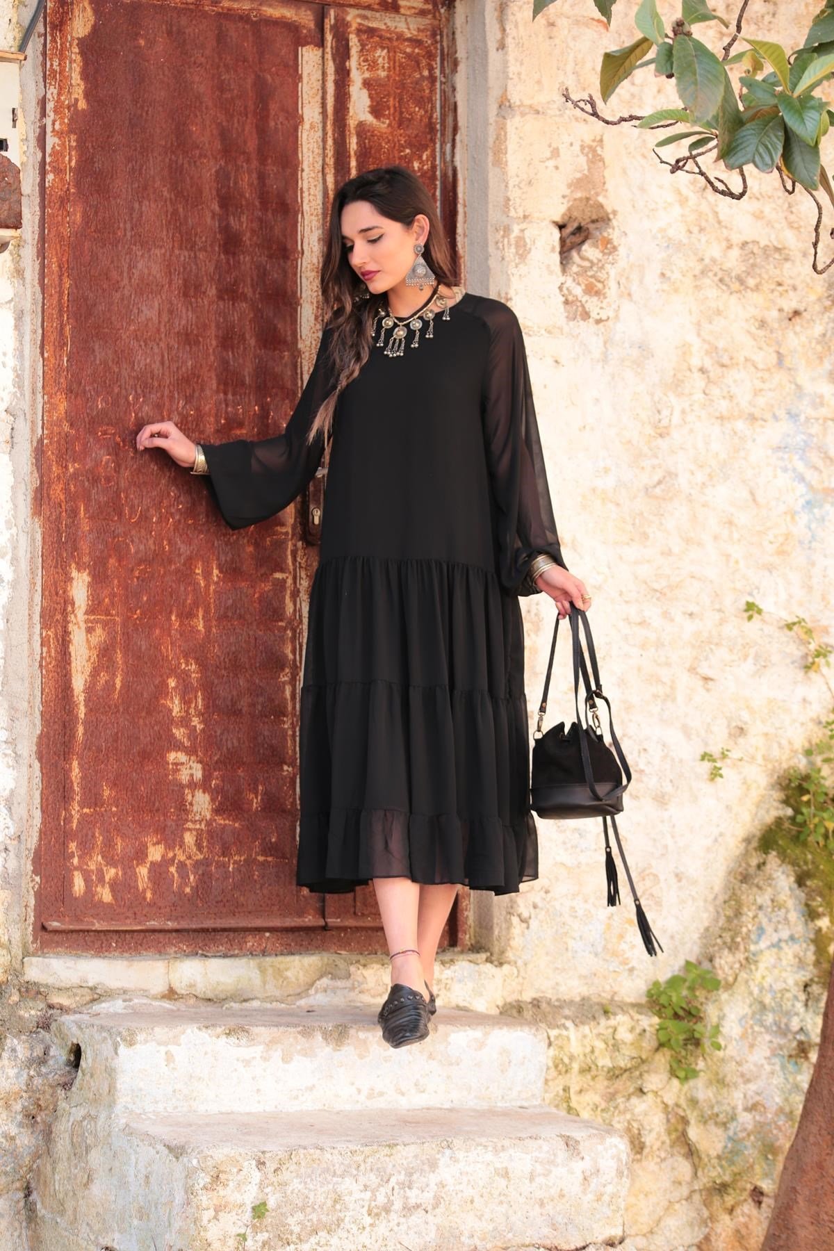 Navy Blue Floral Stitched Waist Shirt Dress - Şaman Butik Black Ruffle Hem Maxi Dress