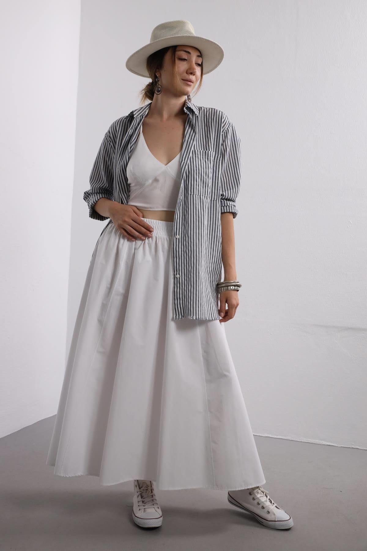  Beyaz Beli Lastikli Poplin Etek