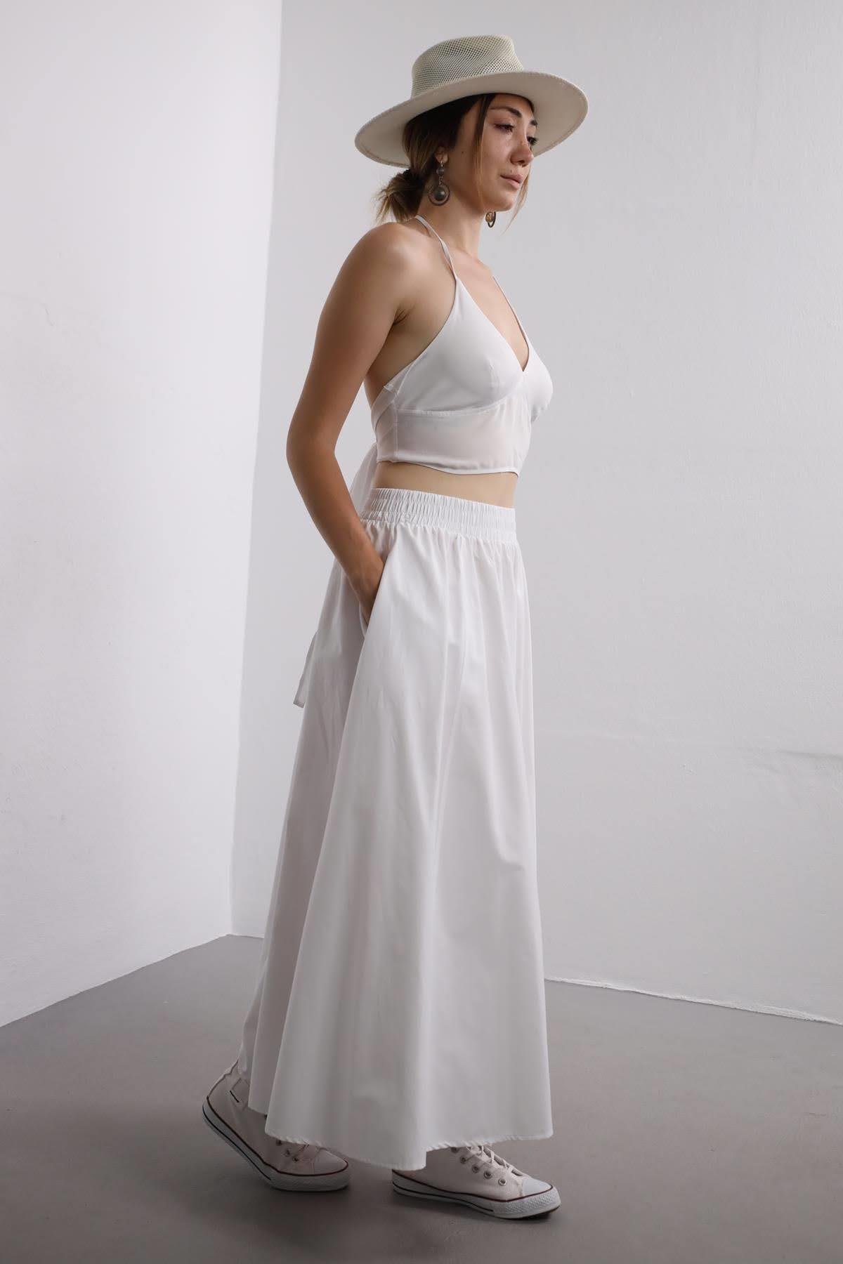  Beyaz Beli Lastikli Poplin Etek