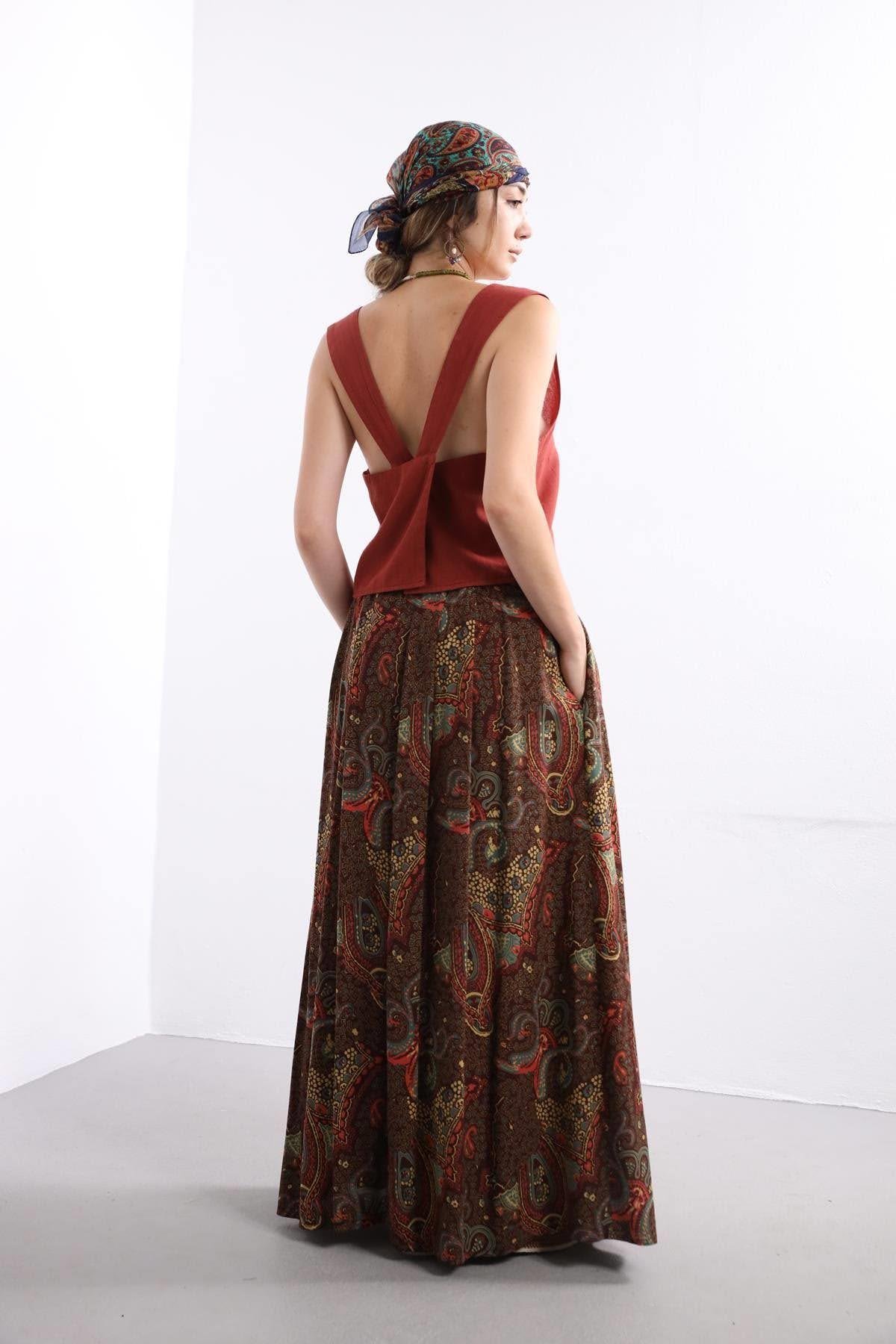 Brown Patterned Pleated Long Skirt - Saman Butik | Shop Online Brown Patterned Pleated Long Skirt