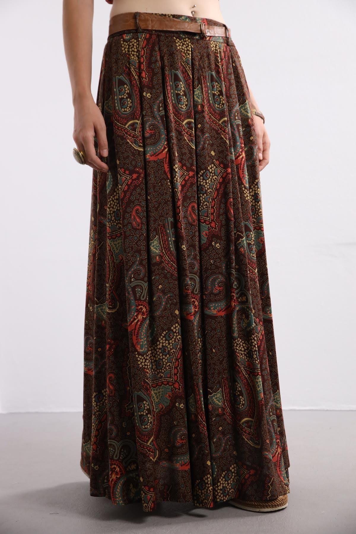Brown Patterned Pleated Long Skirt - Saman Butik | Shop Online Brown Patterned Pleated Long Skirt