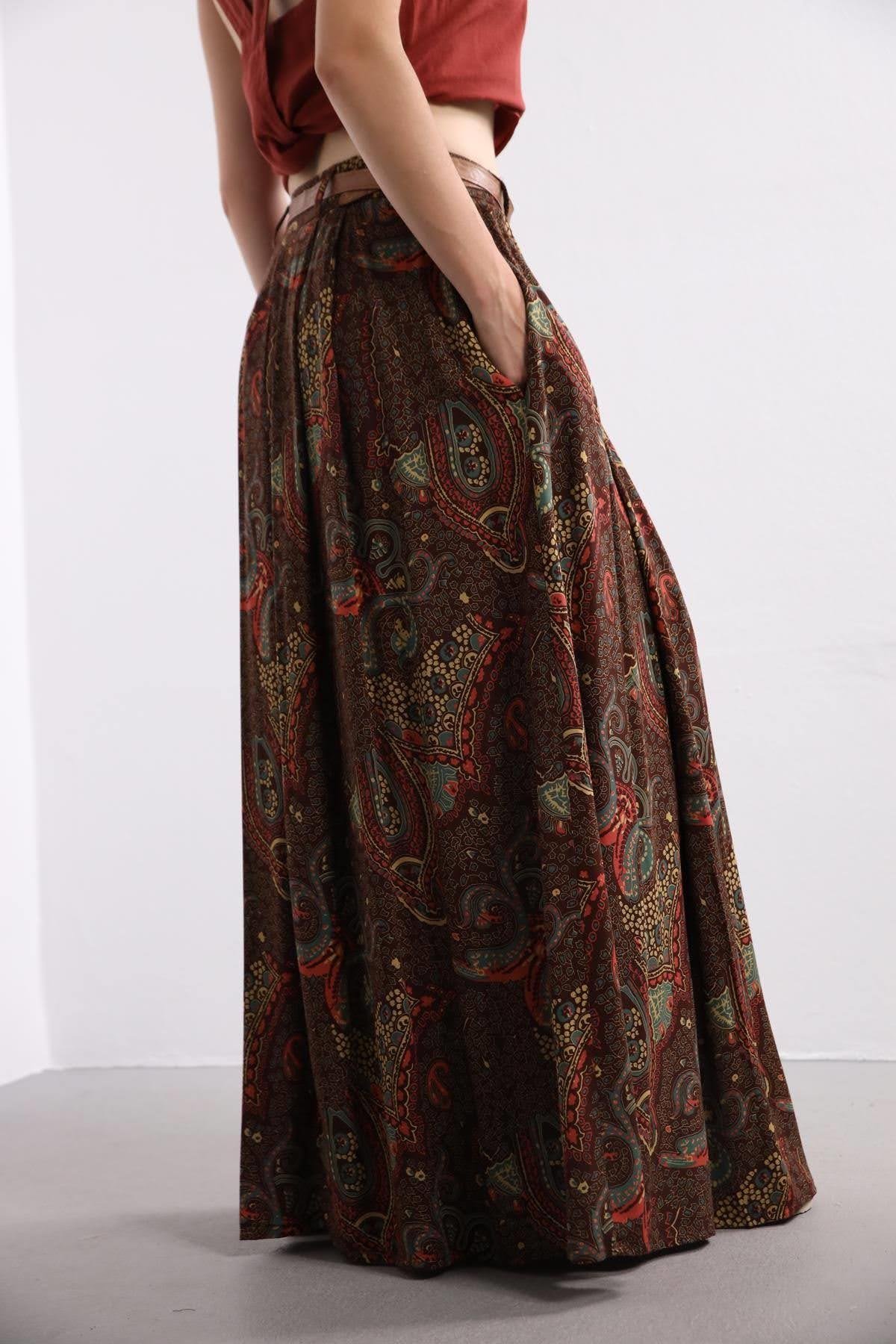 Brown Patterned Pleated Long Skirt - Saman Butik | Shop Online Brown Patterned Pleated Long Skirt