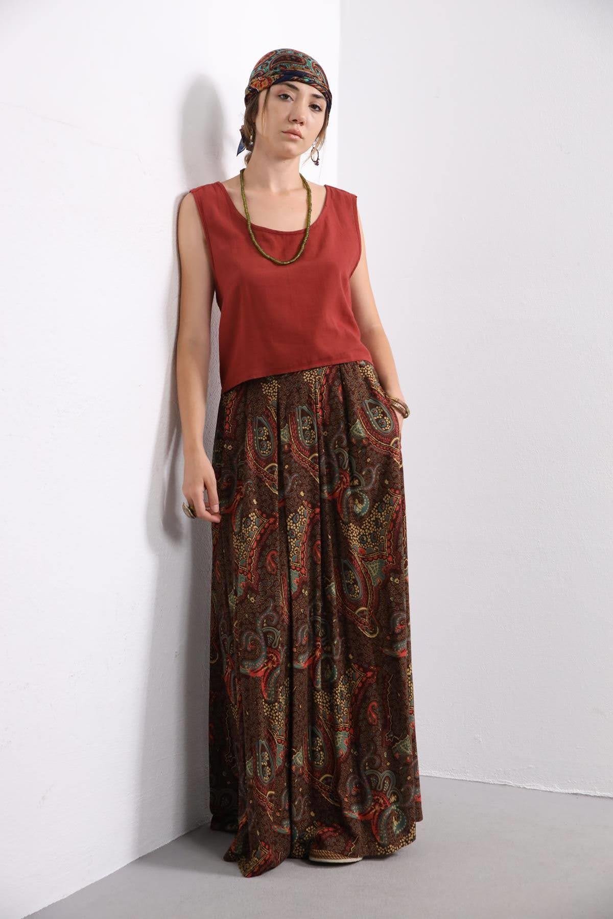 Brown Patterned Pleated Long Skirt - Saman Butik | Shop Online Brown Patterned Pleated Long Skirt