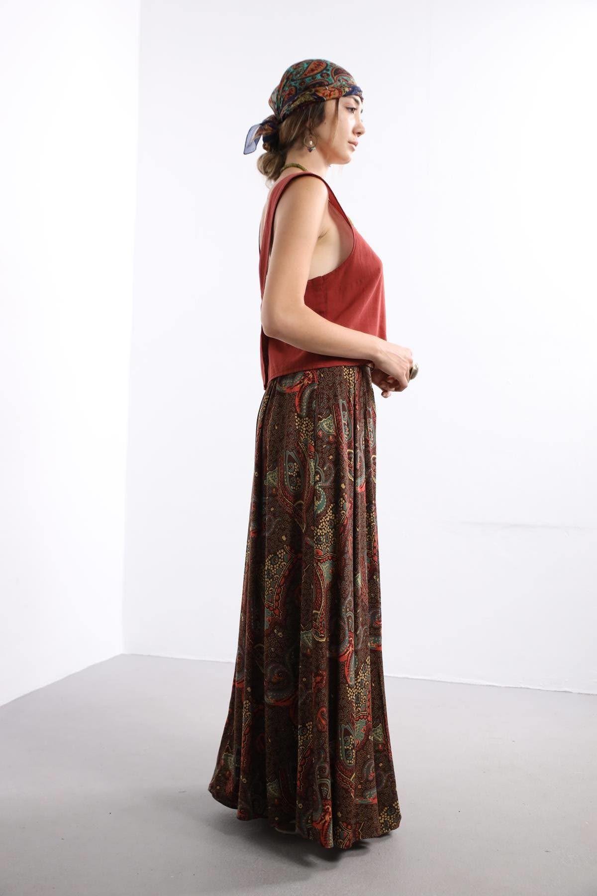 Brown Patterned Pleated Long Skirt - Saman Butik | Shop Online Brown Patterned Pleated Long Skirt