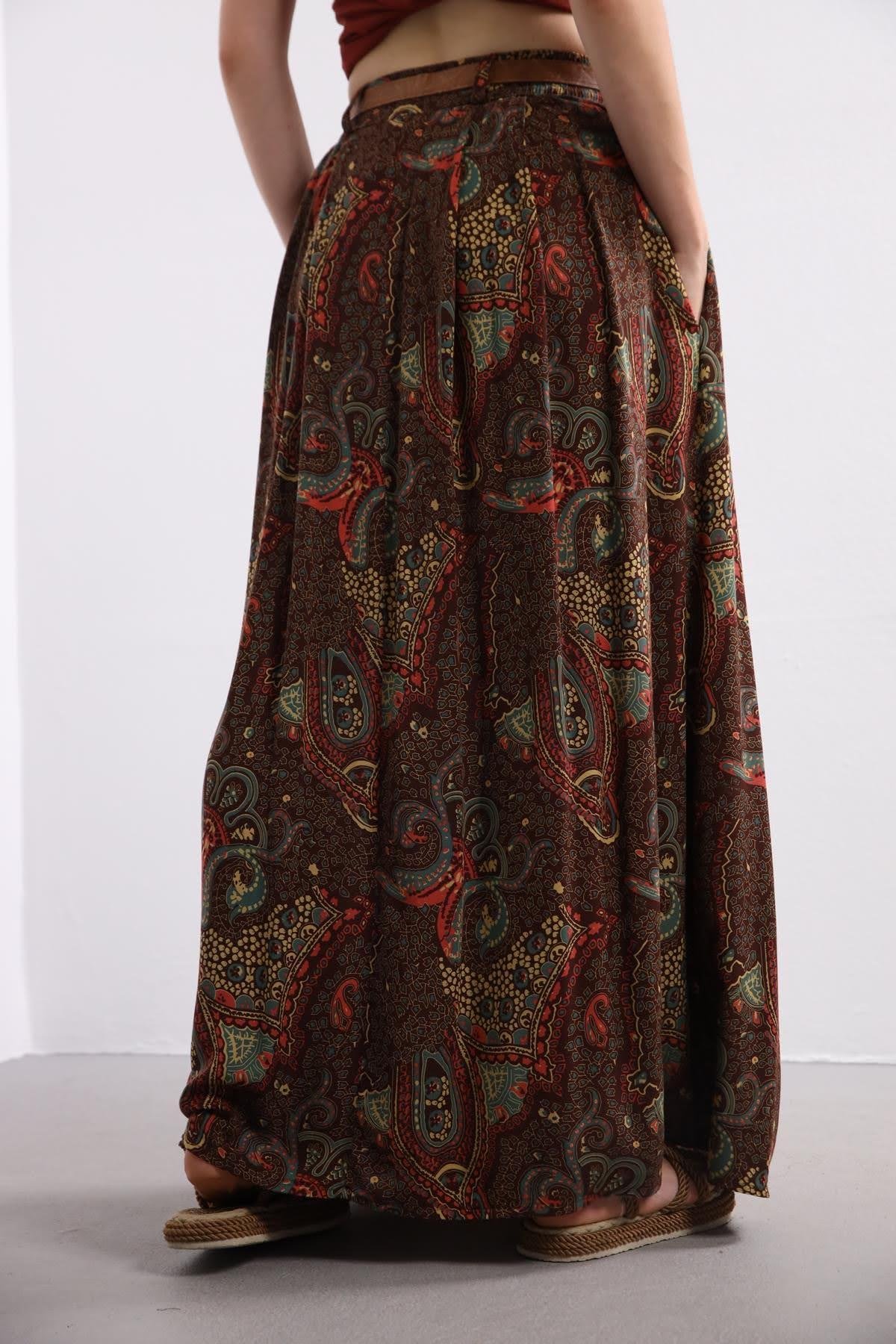 Brown Patterned Pleated Long Skirt - Saman Butik | Shop Online Brown Patterned Pleated Long Skirt