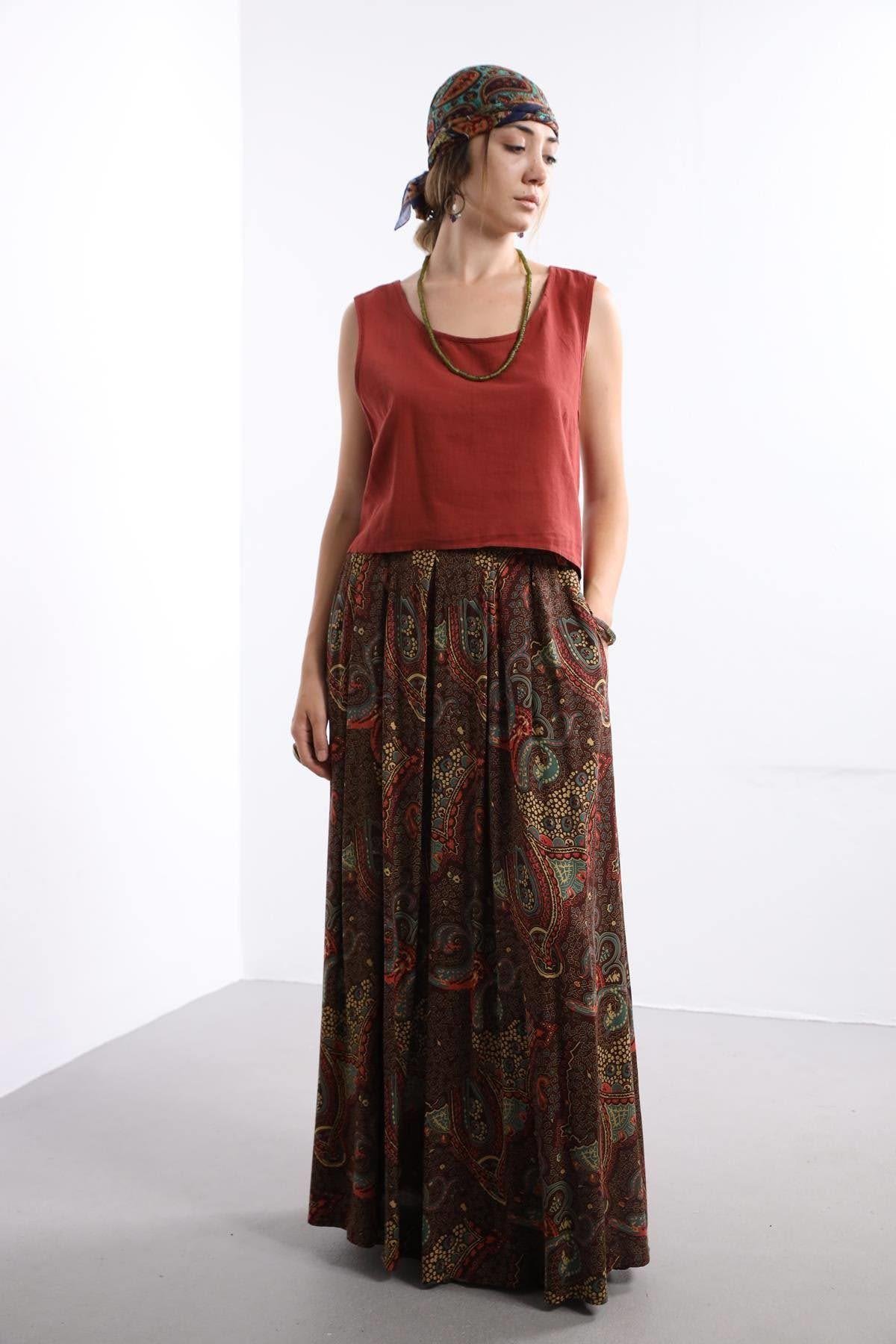 Brown Patterned Pleated Long Skirt - Saman Butik | Shop Online Brown Patterned Pleated Long Skirt