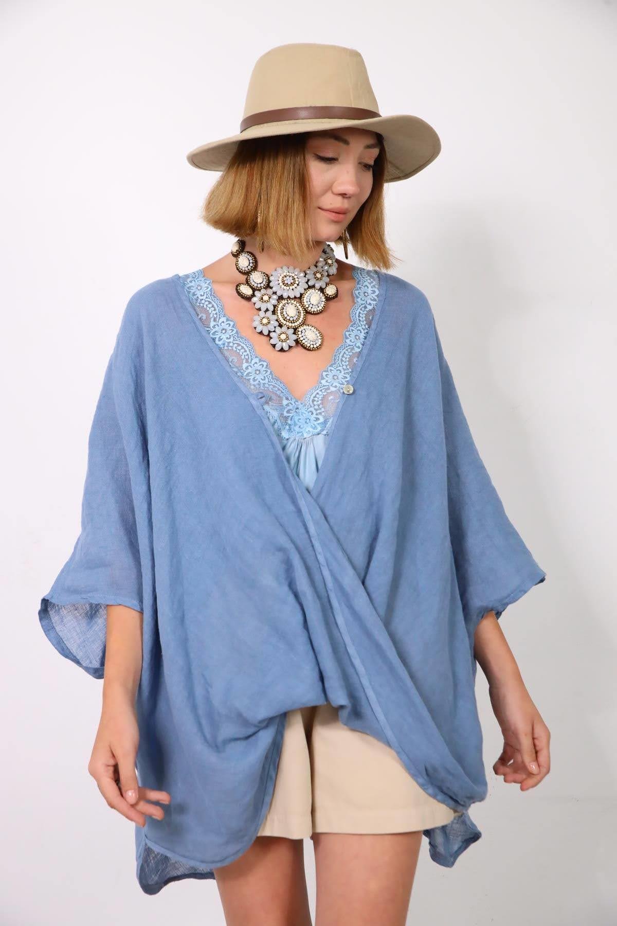 İndigo Blue One Button Linen Judith Blouse İndigo Blue One Button Linen Judith Blouse