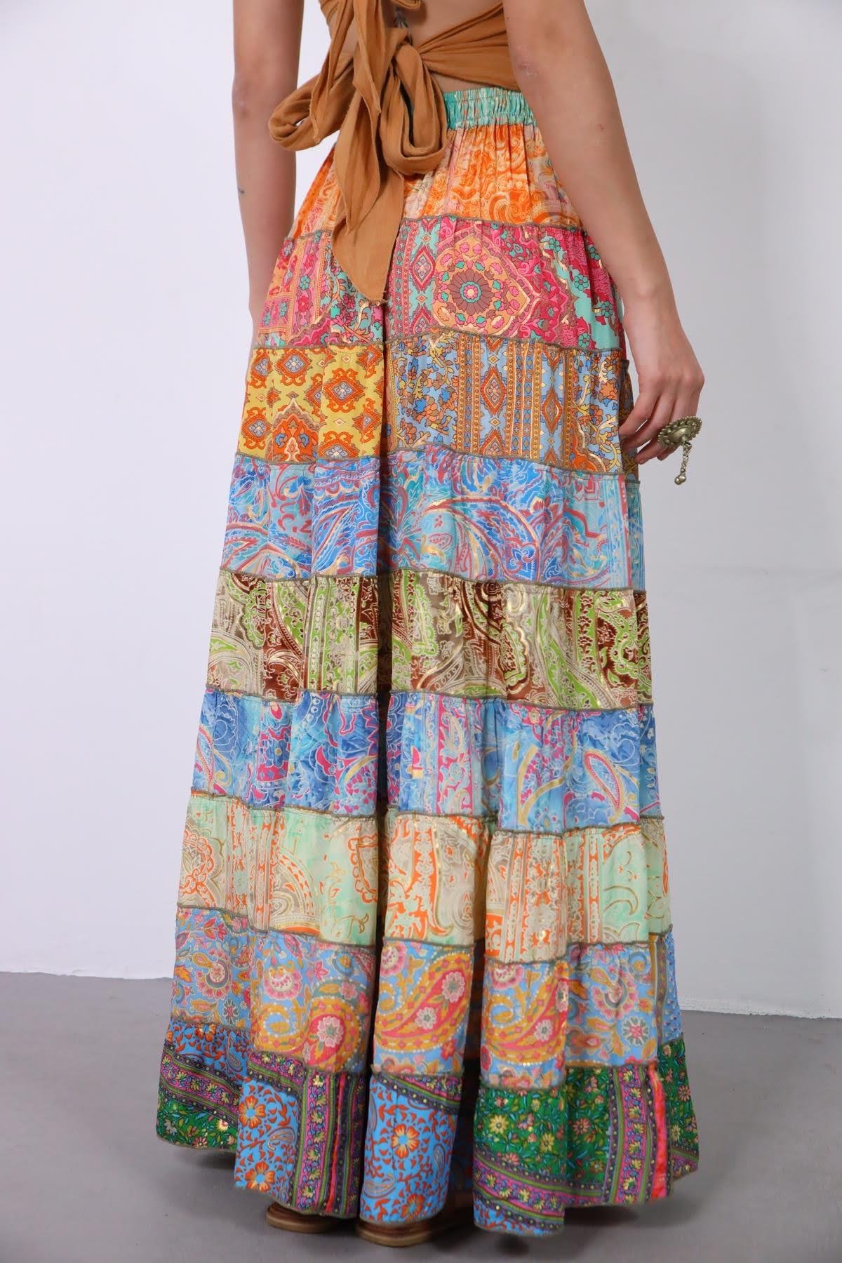  Renkli Patchwork Otantik İpek Etek