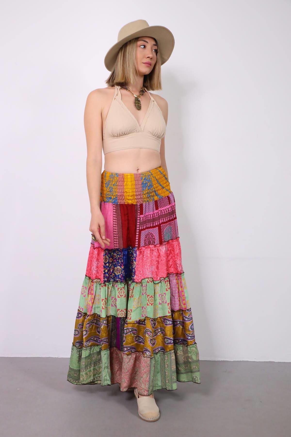 Renkli Beli Lastikli Otantik Desenli Patchwork Etek - Şaman Butik Renkli Beli Lastikli Otantik Desenli Patchwork Etek