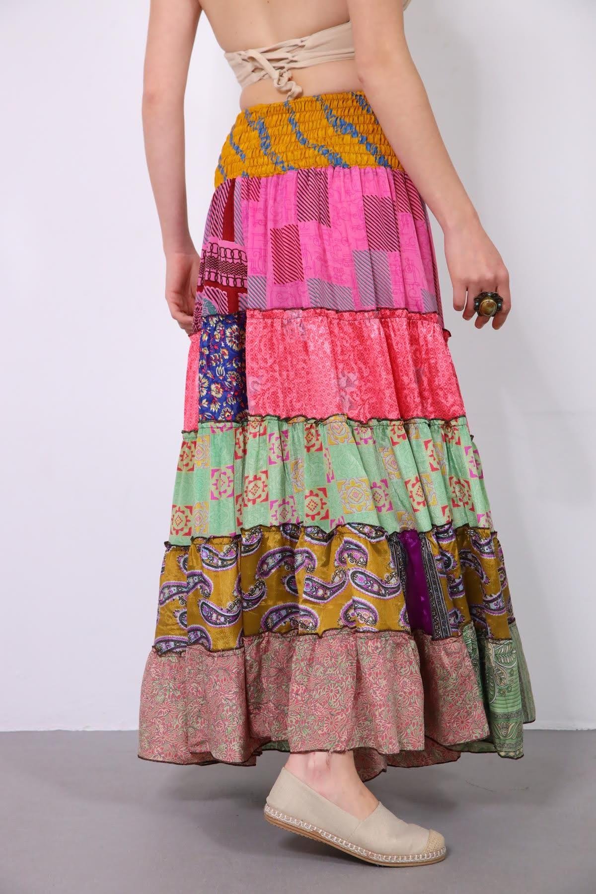 Renkli Beli Lastikli Otantik Desenli Patchwork Etek - Şaman Butik Renkli Beli Lastikli Otantik Desenli Patchwork Etek