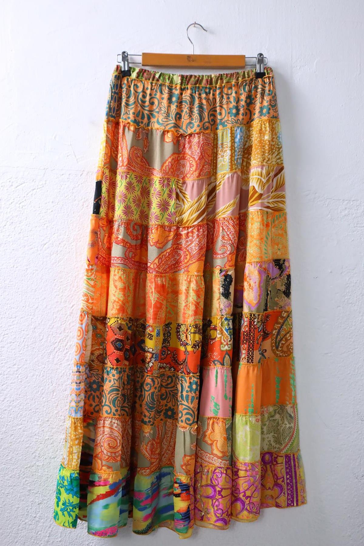 Renkli Patchwork Otantik İpek Etek - Şaman Butik Renkli Patchwork Otantik İpek Etek