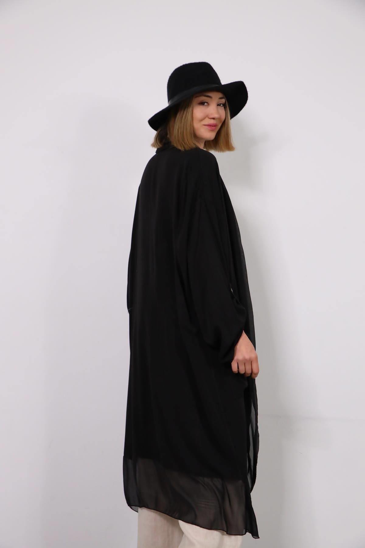 Siyah Cepli İpek Detaylı Kaftan - Şaman Butik - Bohem Giyim ve Aksesuar | Kadın & Erkek Siyah Cepli İpek Detaylı Kaftan