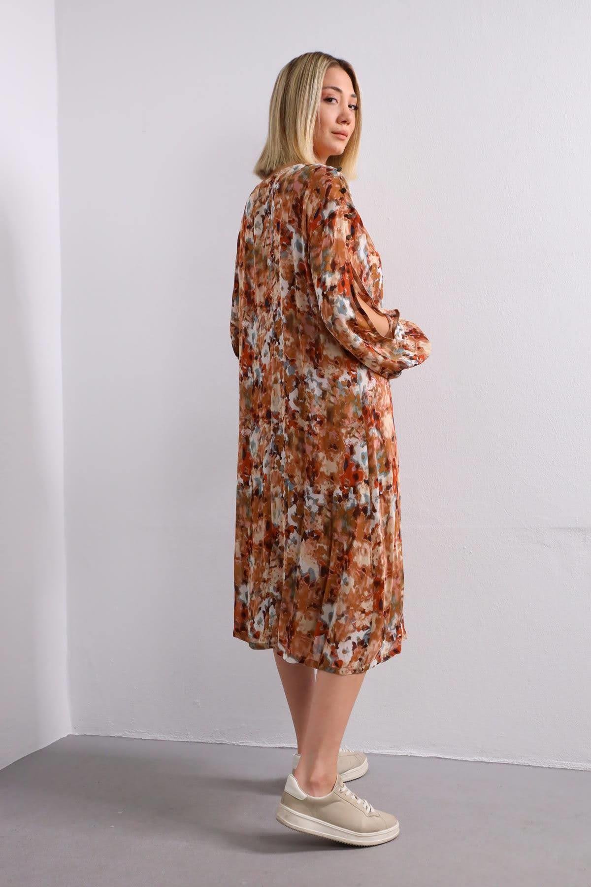 Kahverengi Batik Desenli Düğmeli Elbise - Şaman Butik Kahverengi Batik Desenli Düğmeli Elbise