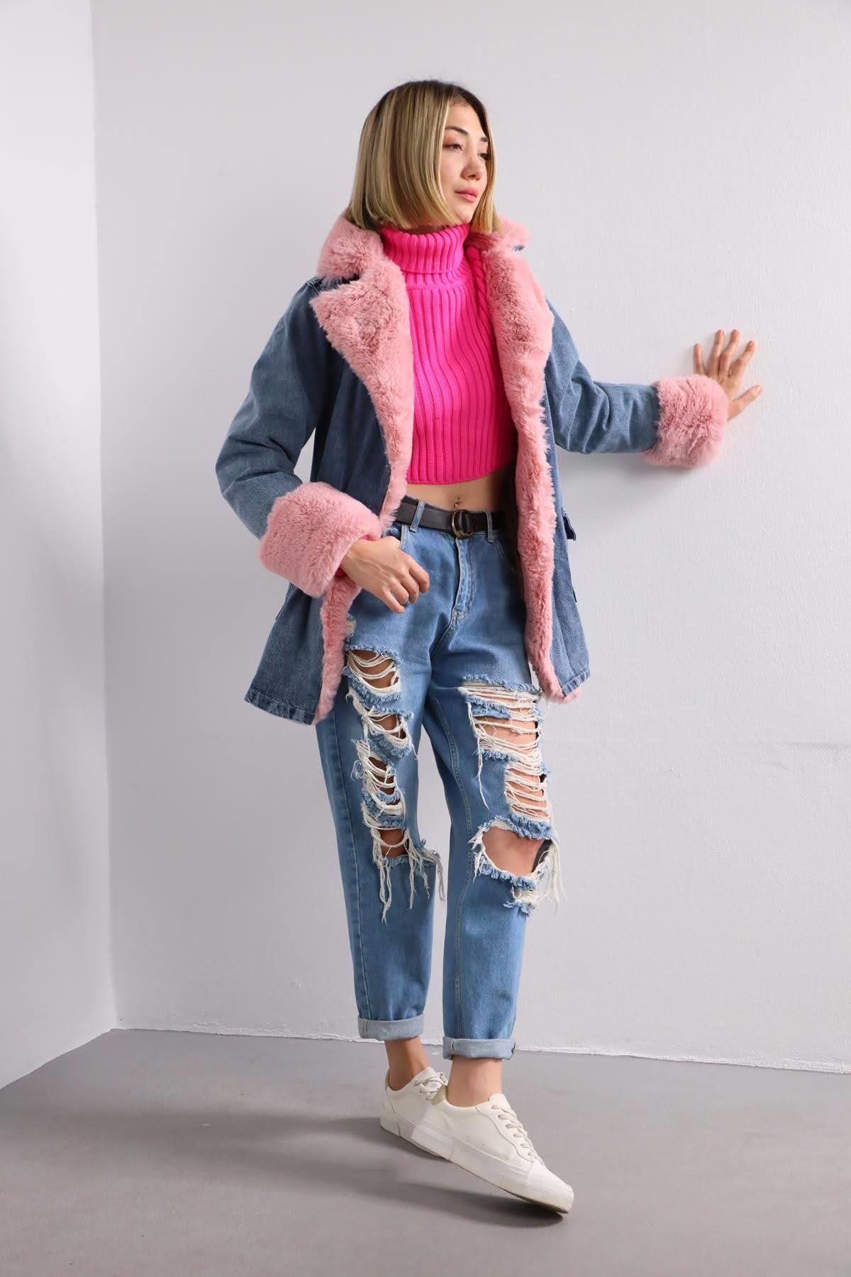Mavi Pembe Kürklü Kot Ceket - Şaman Butik Mavi Pembe Kürklü Kot Ceket