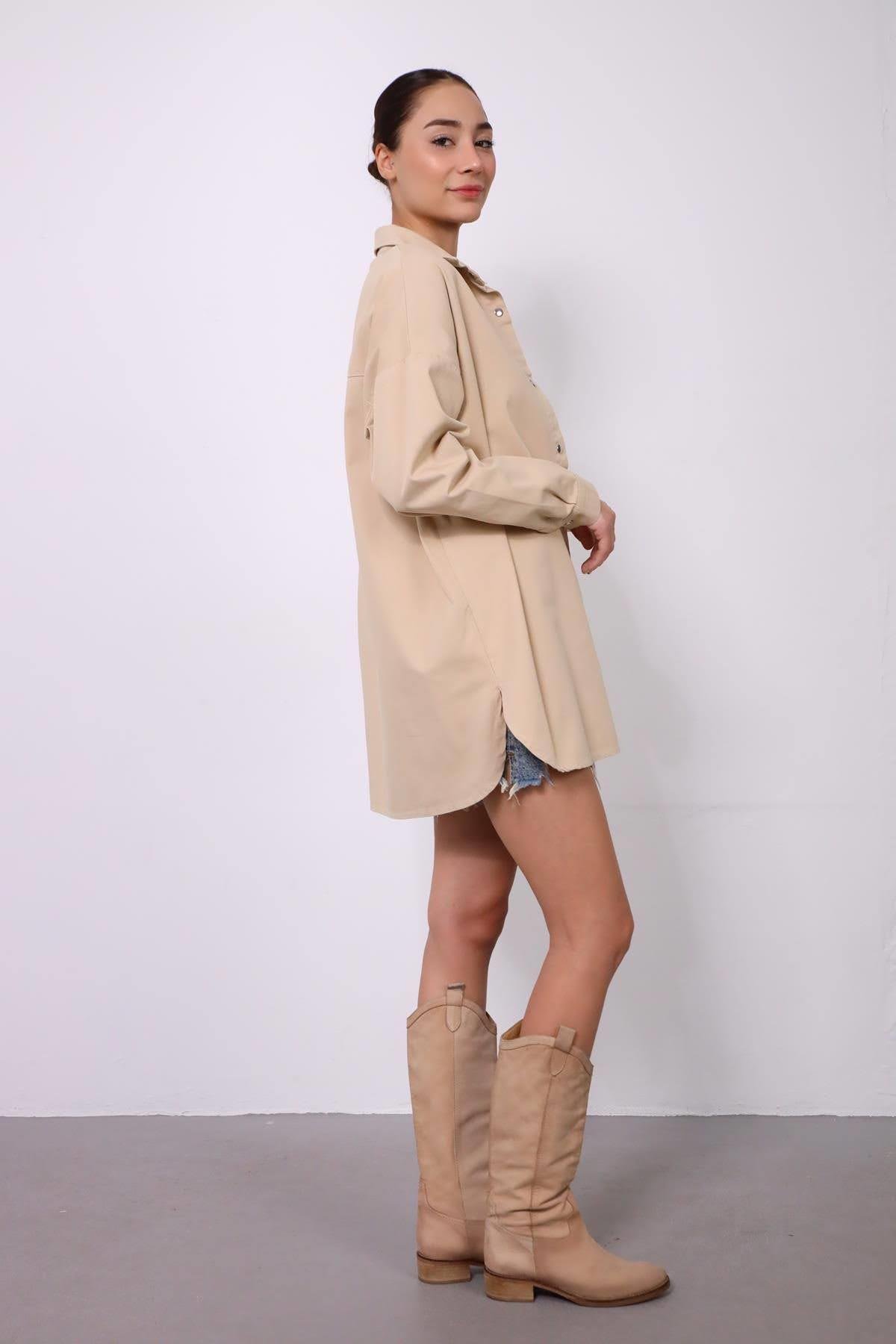 Bej Oversize Eteği Yuvarlak Kesim Ceket - Şaman Butik - Bohem Giyim ve Aksesuar | Kadın & Erkek Bej Oversize Eteği Yuvarlak Kesim Ceket