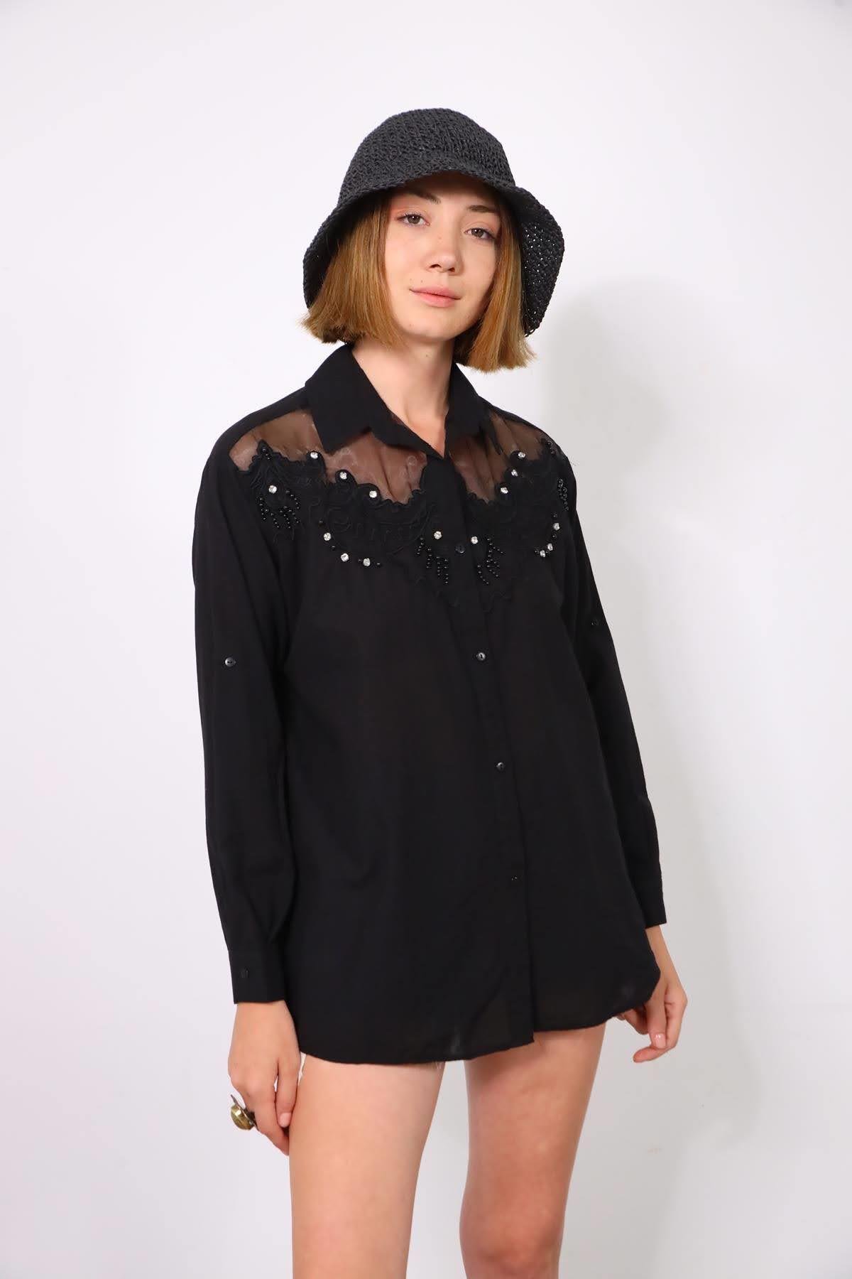 Siyah Taşlı Yakalı Gömlek - Şaman Butik Siyah Taşlı Yakalı Gömlek
