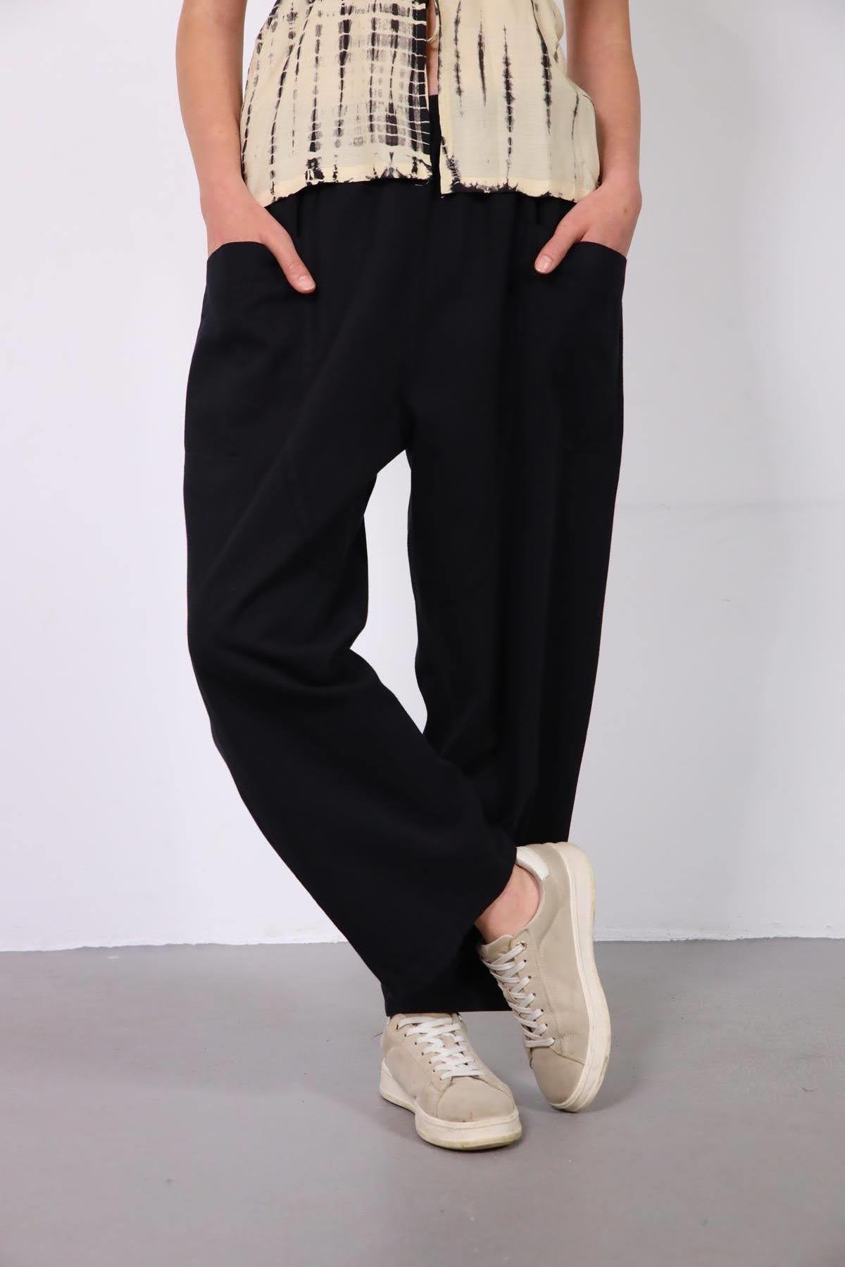  Siyah Beli Lastikli Çift Cepli Gabardin Pantolon
