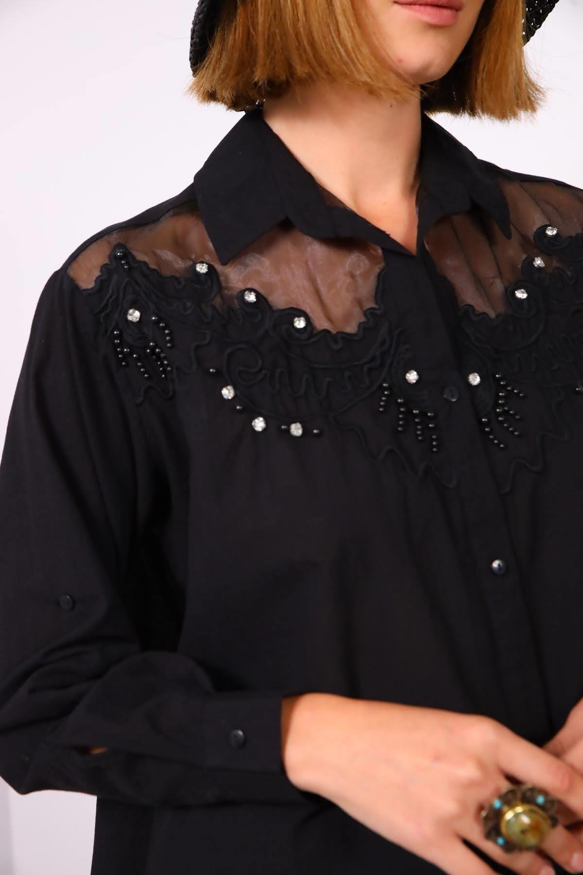 Siyah Taşlı Yakalı Gömlek - Şaman Butik Siyah Taşlı Yakalı Gömlek