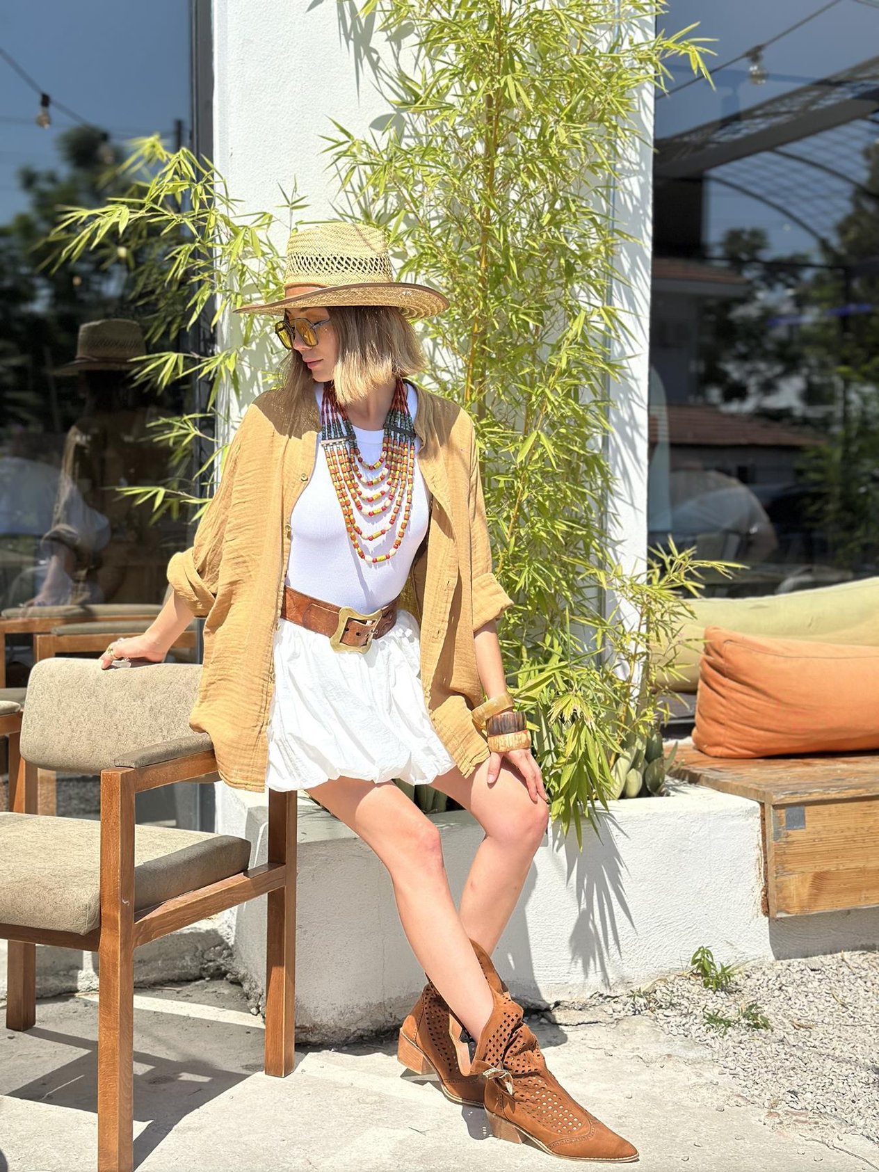 Camel Mandarin Neck Muslin Shirt - Saman Butik | Shop Online Camel Mandarin Neck Muslin Shirt
