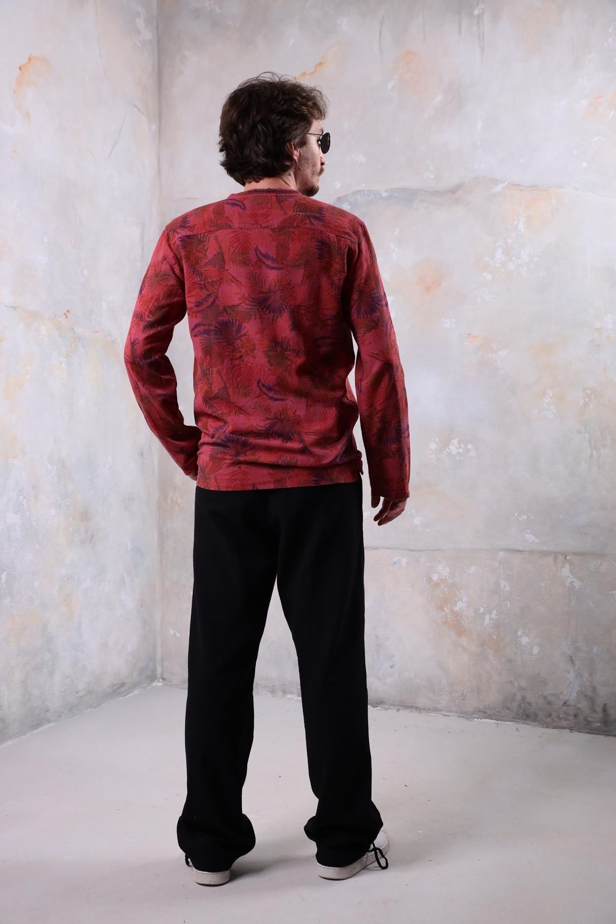 Bordo Desenli Yakası Bağcıklı Bohem Erkek Gömlek - Şaman Butik Bordo Desenli Yakası Bağcıklı Bohem Erkek Gömlek