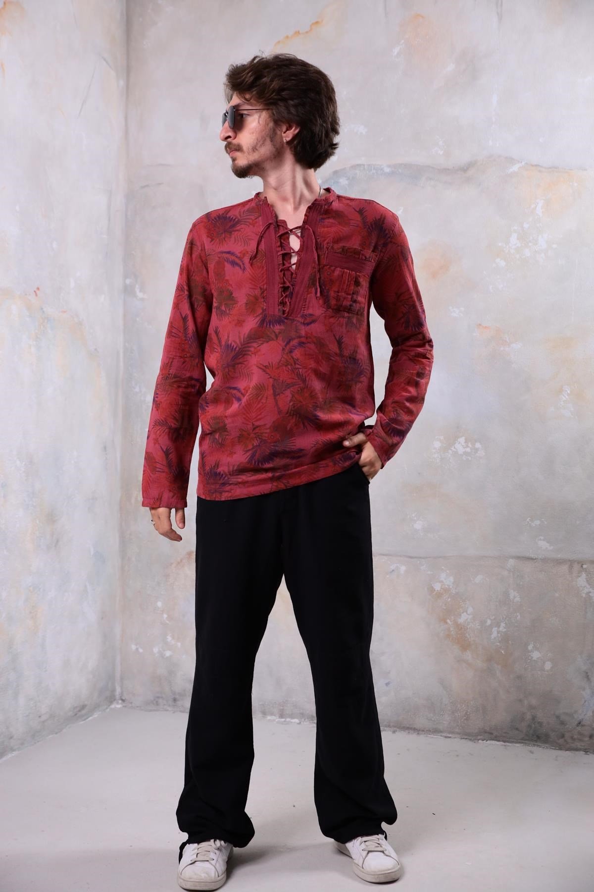 Bordo Desenli Yakası Bağcıklı Bohem Erkek Gömlek - Şaman Butik Bordo Desenli Yakası Bağcıklı Bohem Erkek Gömlek