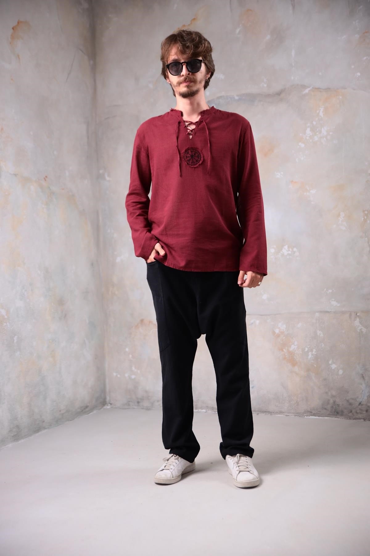 Bordo Mandala Desen Erkek Gömlek - Şaman Butik Bordo Mandala Desen Erkek Gömlek