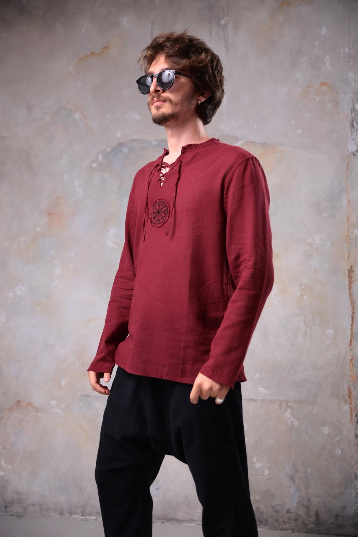 Bordo Mandala Desen Erkek Gömlek - Şaman Butik Bordo Mandala Desen Erkek Gömlek