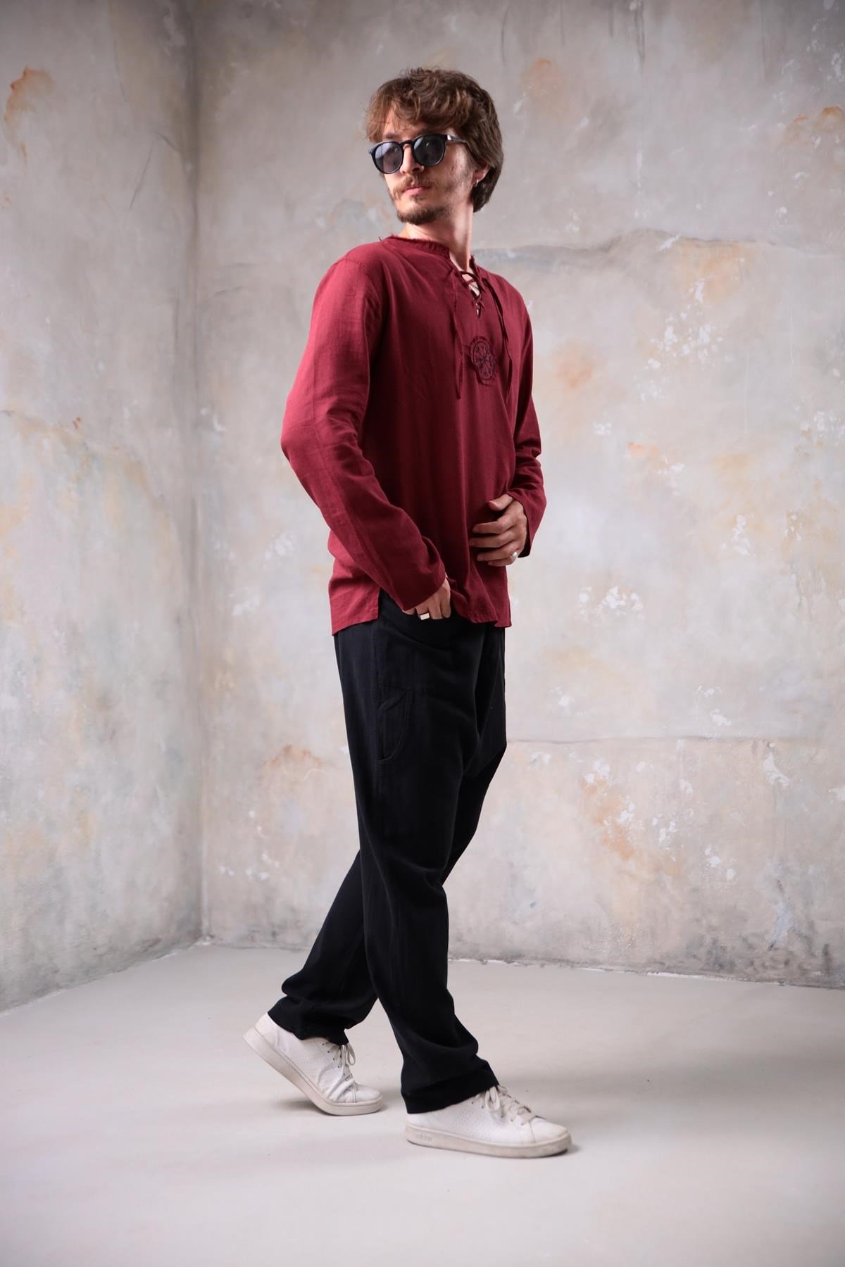 Bordo Mandala Desen Erkek Gömlek - Şaman Butik Bordo Mandala Desen Erkek Gömlek