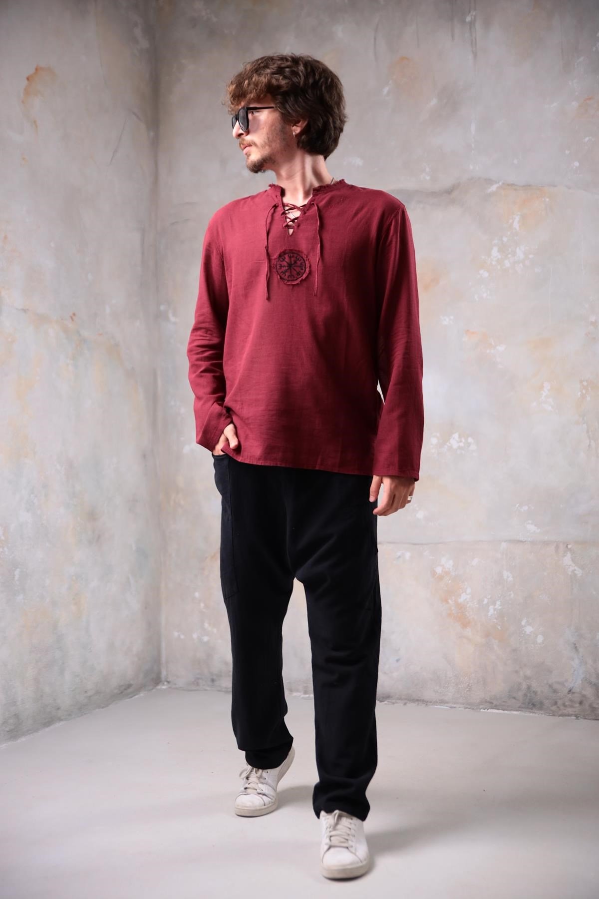 Bordo Mandala Desen Erkek Gömlek - Şaman Butik Bordo Mandala Desen Erkek Gömlek