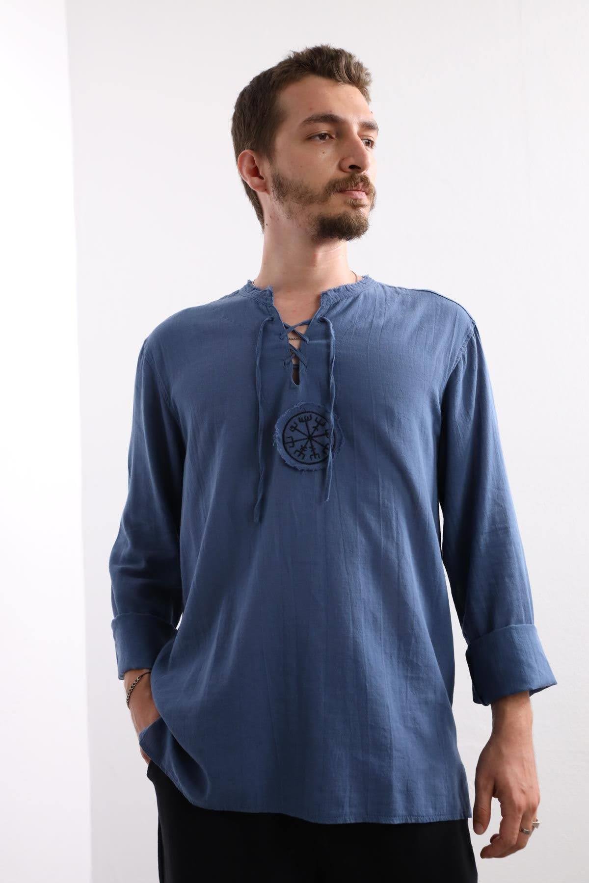 İndigo Mavi Mandala Desen Erkek Gömlek - Şaman Butik İndigo Mavi Mandala Desen Erkek Gömlek