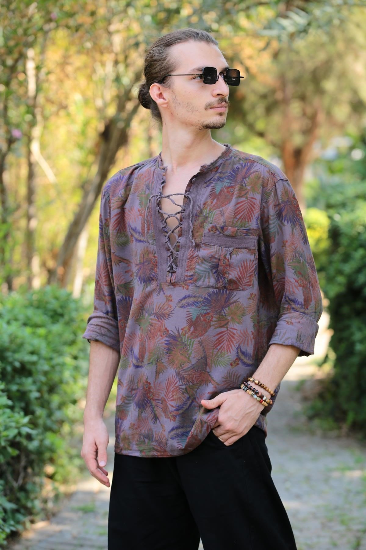 Koyu Kahverengi Desenli Yakası Bağcıklı Bohem Erkek Gömlek - Şaman Butik Koyu Kahverengi Desenli Yakası Bağcıklı Bohem Erkek Gömlek
