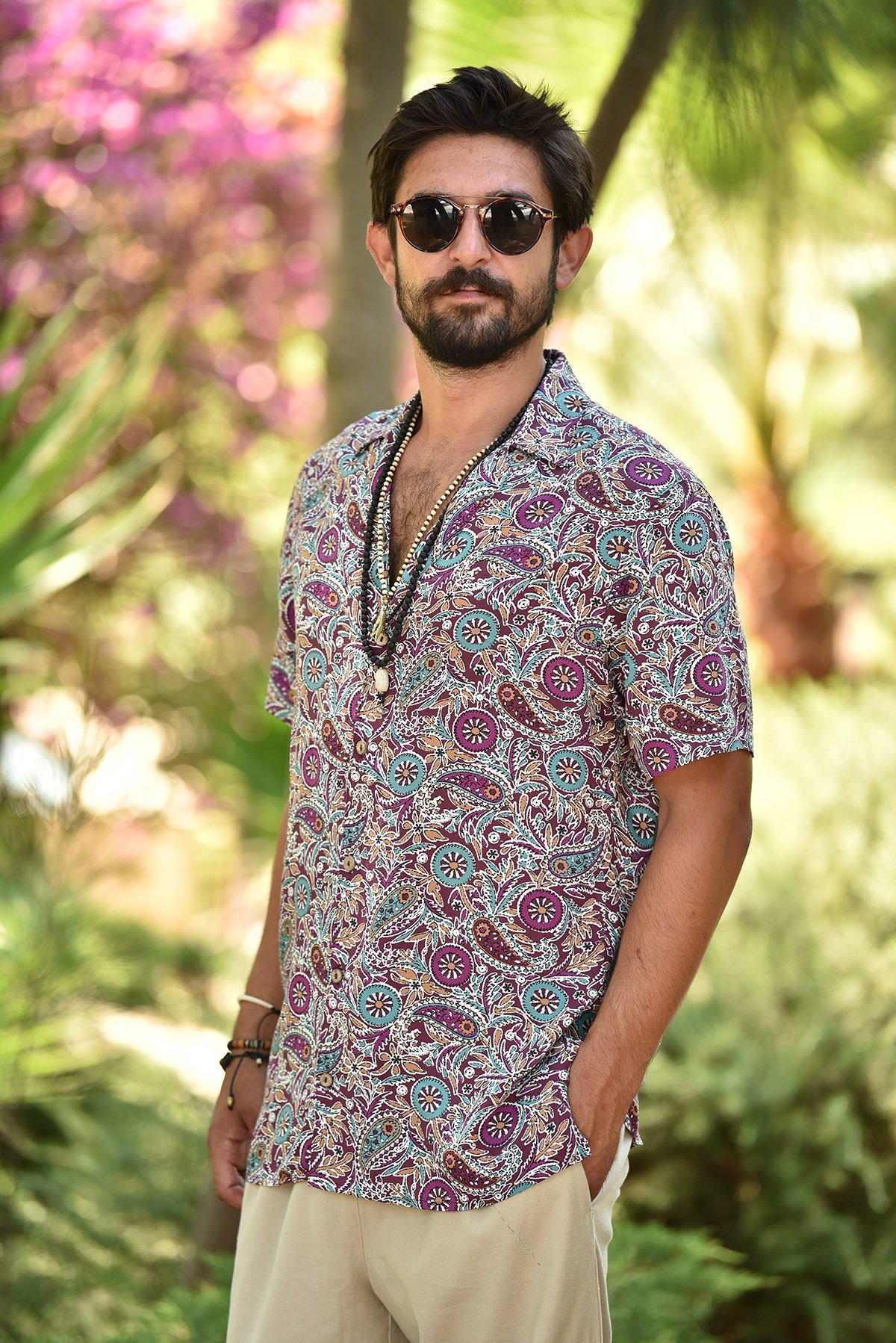 Mor Şal Desen Kısa Kollu Erkek Gömlek - Şaman Butik Mor Şal Desen Kısa Kollu Erkek Gömlek