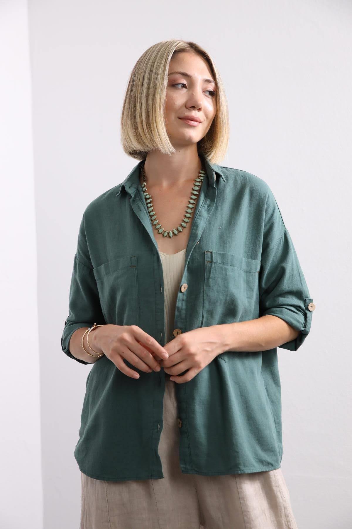 Petrol Green Big Pocket Shirt - Saman Butik | Shop Online Petrol Green Big Pocket Shirt